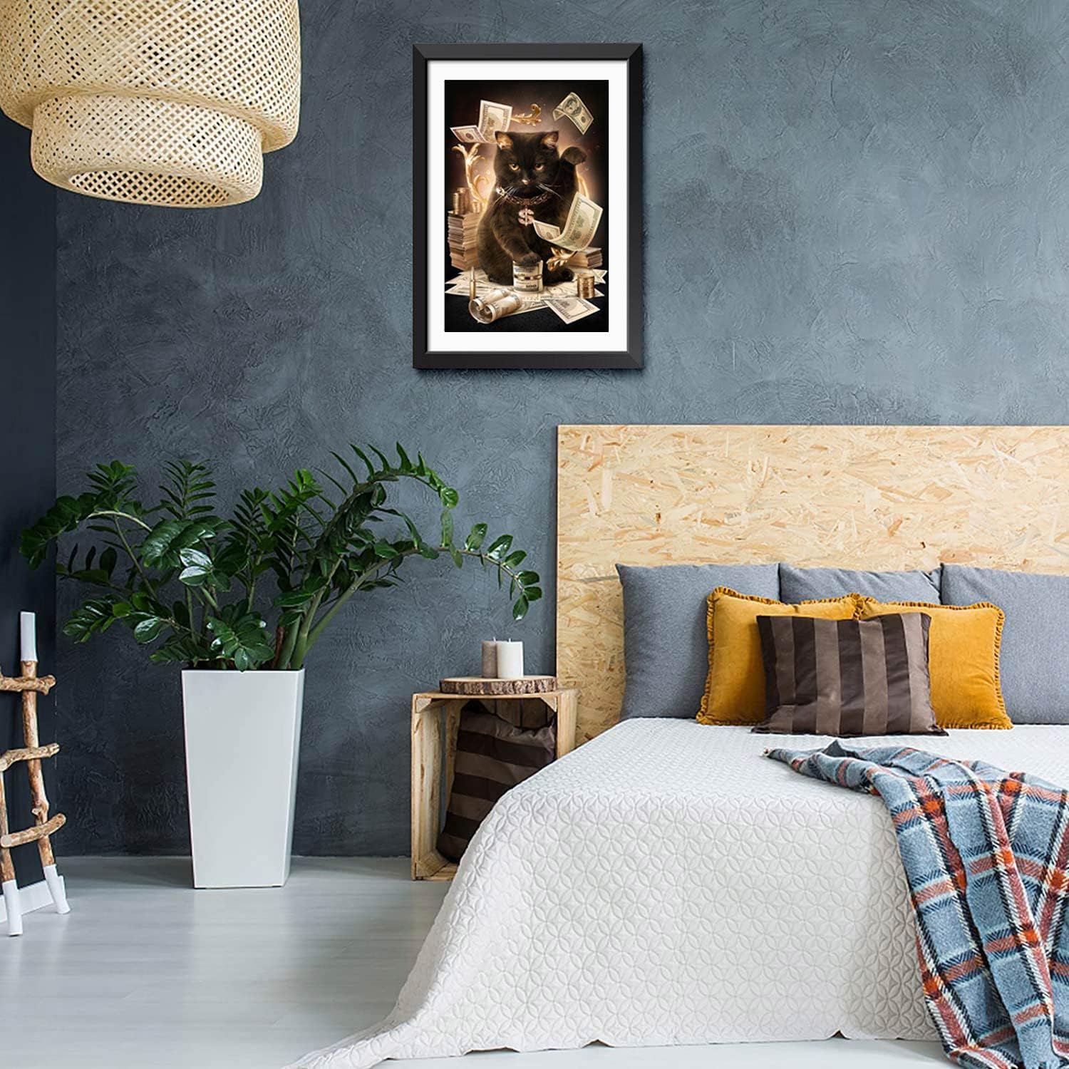 Póster divertido de dólar con diseño de gato de la suerte negro con texto en inglés, arte de pared para amantes de los gatos, arte de oro negro,