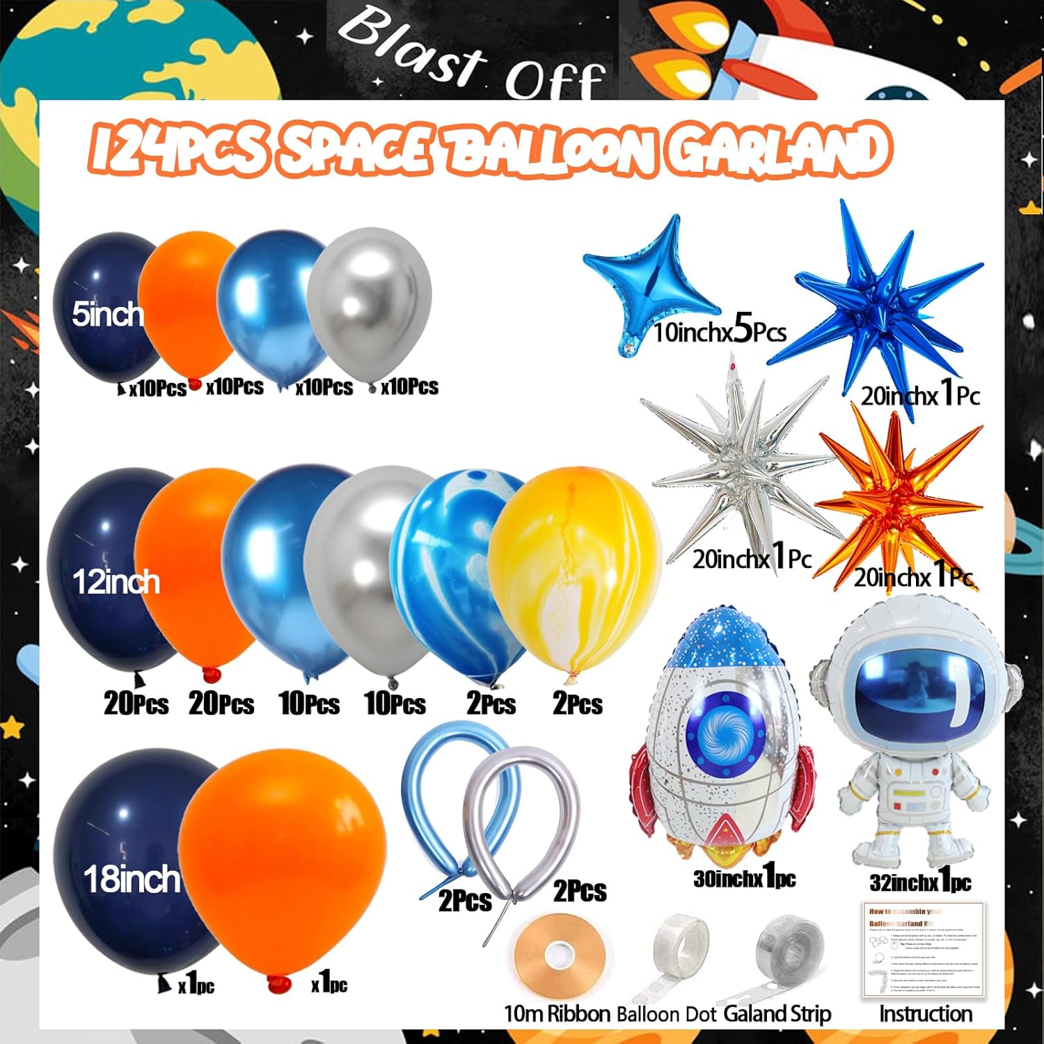 Kit de guirnalda de arco de globos espaciales, decoraciones de cumpleaños para niños con azul marino, naranja, plateado, cohete, astronauta, globos