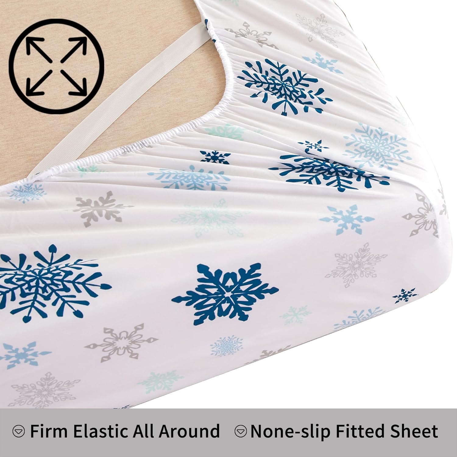 Mooreeke Sábanas matrimoniales navideñas con estampado de copos de nieve, juego de sábanas de tamaño matrimonial con bolsillo profundo, sábana