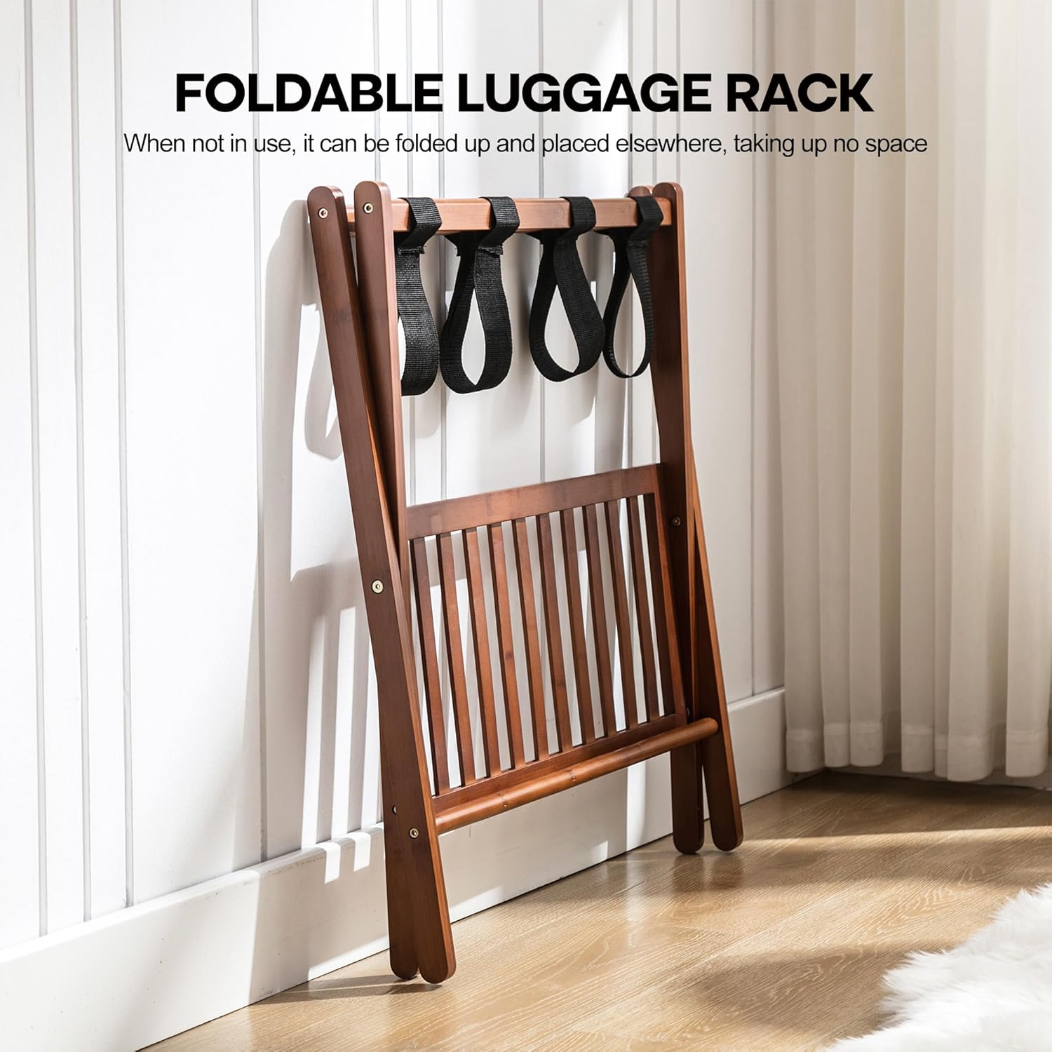 Forevich Portaequipajes plegable de bambú con estante de almacenamiento para habitación de invitados, sala de estar, Hotel Essentials, soporte de