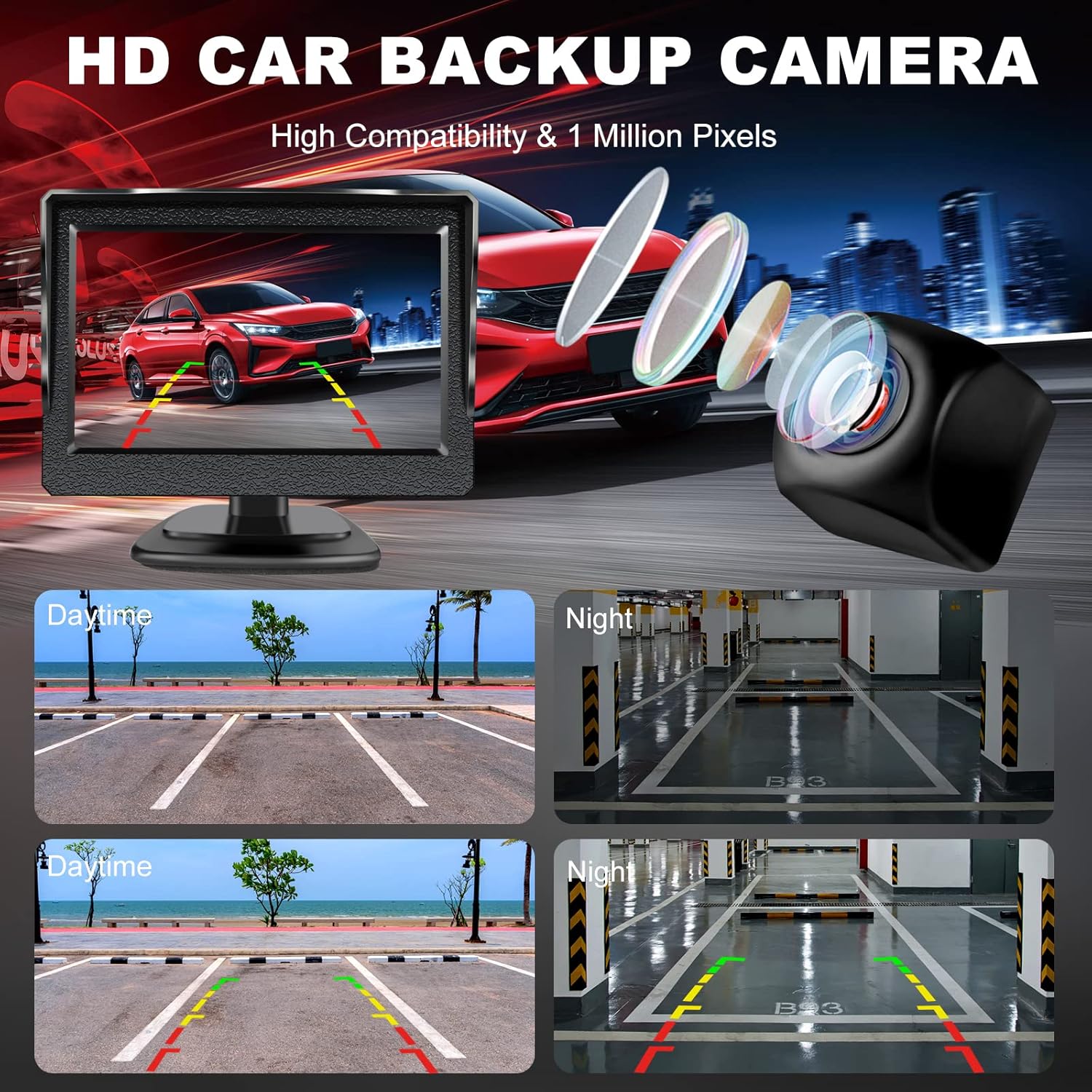 HOSOOD Cámara de respaldo HD de 4.3 pulgadas, monitor de visión trasera para coche de 12 V, fácil instalación, Plug and Play, visión nocturna