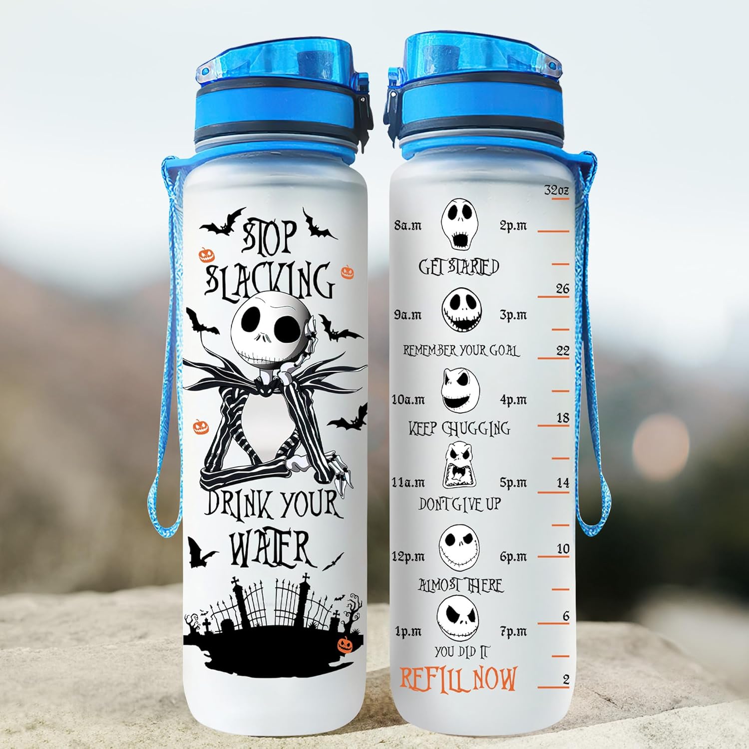 GEPOSTORE Jack Pumking King – Botella de agua deportiva motivacional de 32 onzas con marcador de tiempo, hora de beber, regalos para Halloween