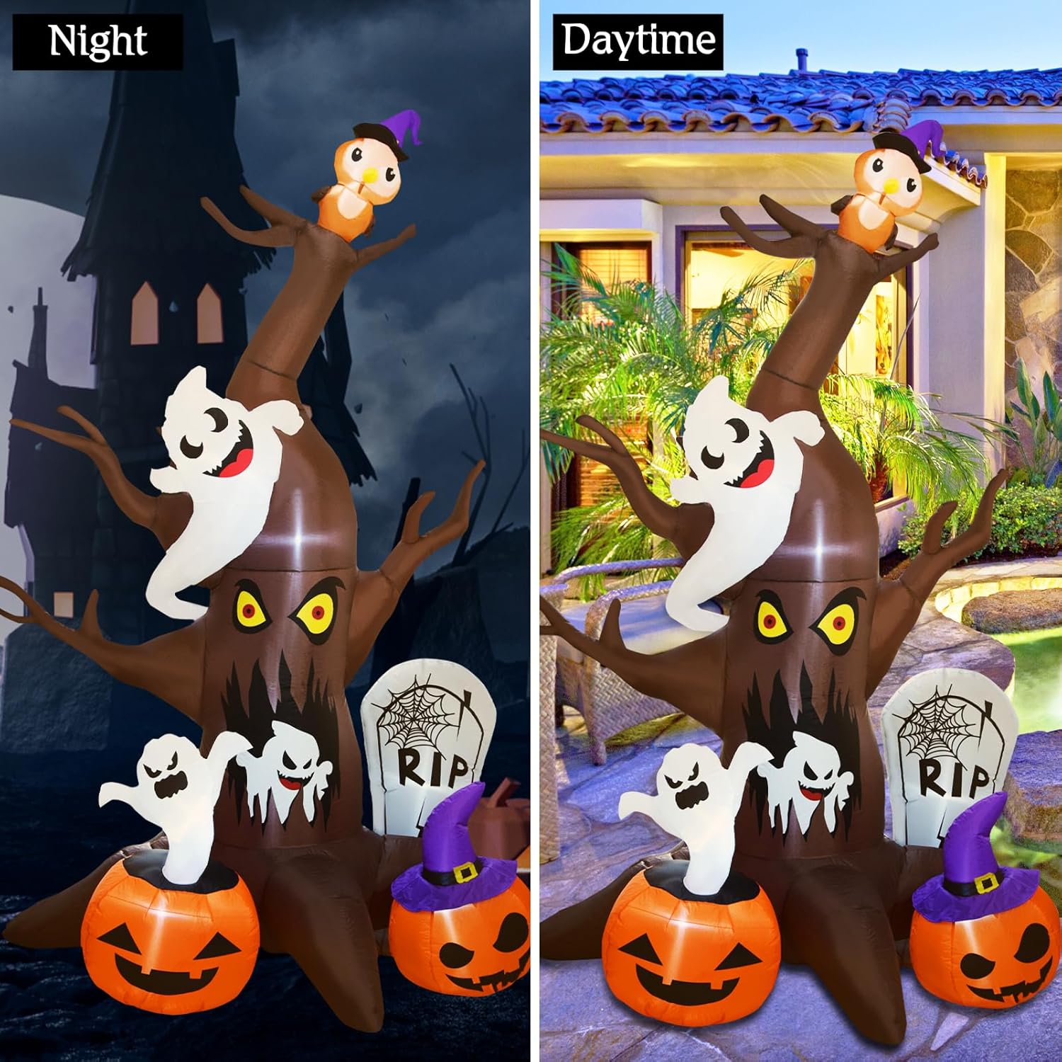Árbol muerto inflable de Halloween de 9 pies con fantasmas, calabazas, lápida y búho, decoración de patio inflable con luces LED integradas,