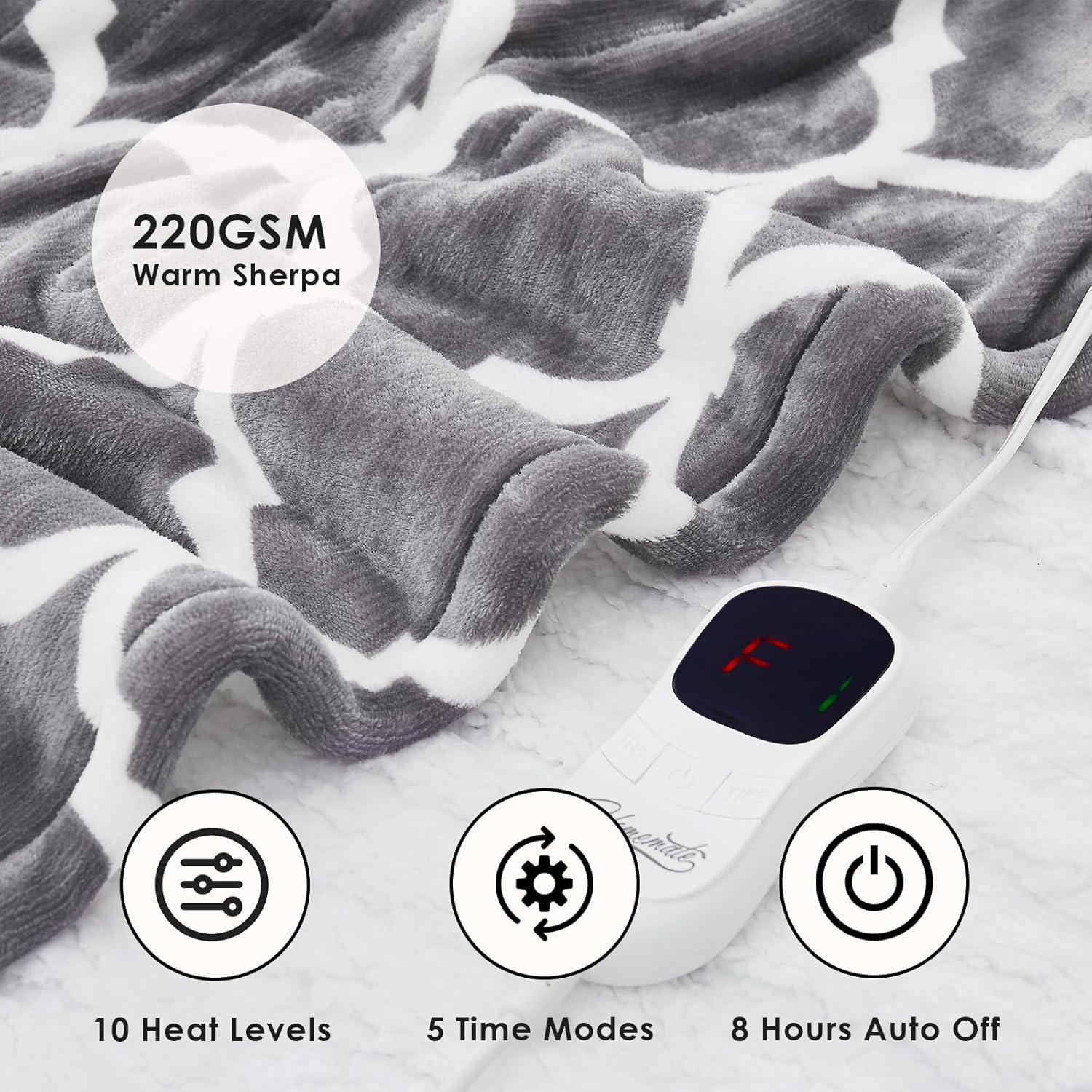 Homemate Manta térmica eléctrica tamaño matrimonial  Manta térmica de 72 x 84 pulgadas con 10 niveles de calor rápidos, 8 horas de apagado