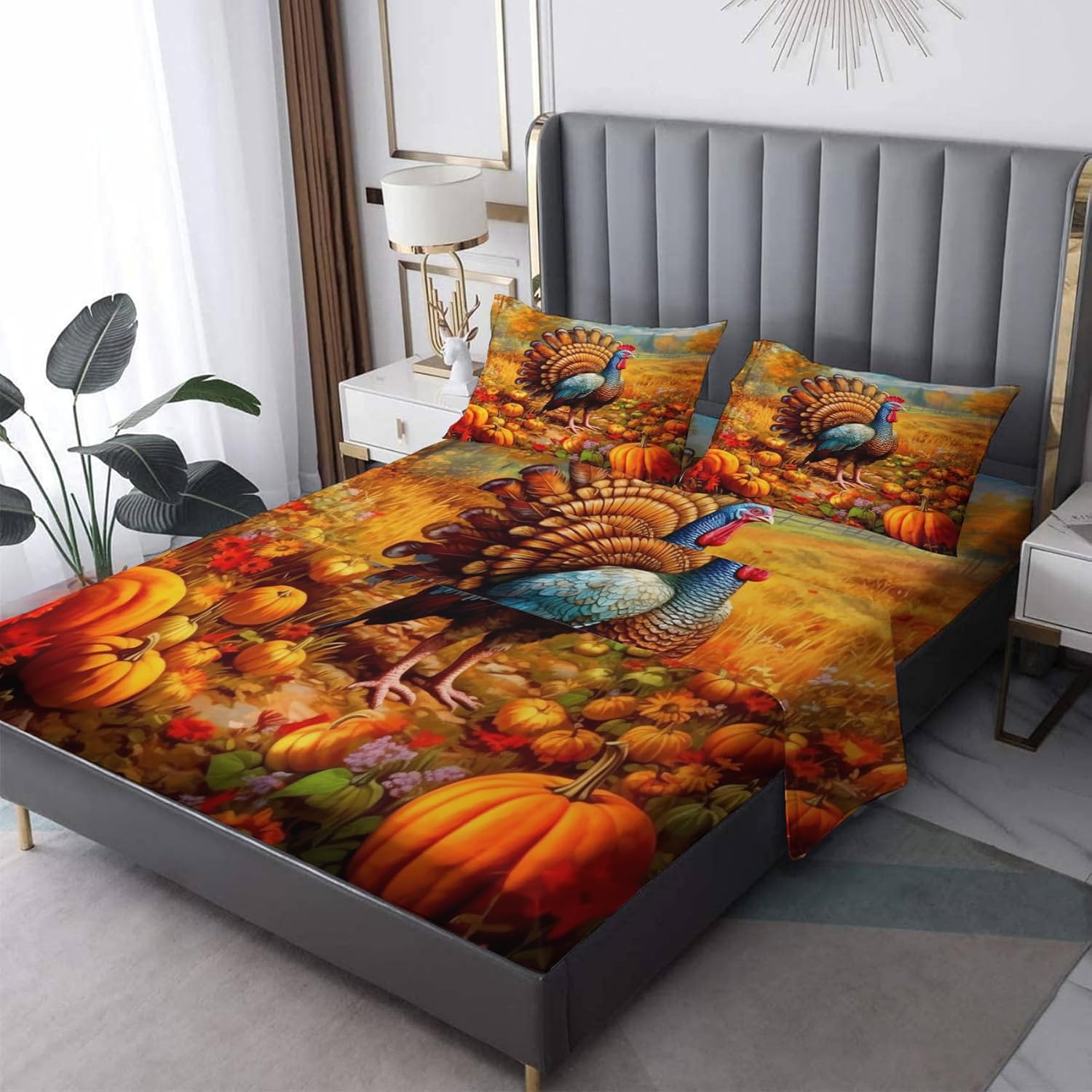 Sábanas de Acción de Gracias, tamaño Queen, sábanas de microfibra suave y bolsillo profundo, sábanas y fundas de almohada con patrón sin arrugas, 1