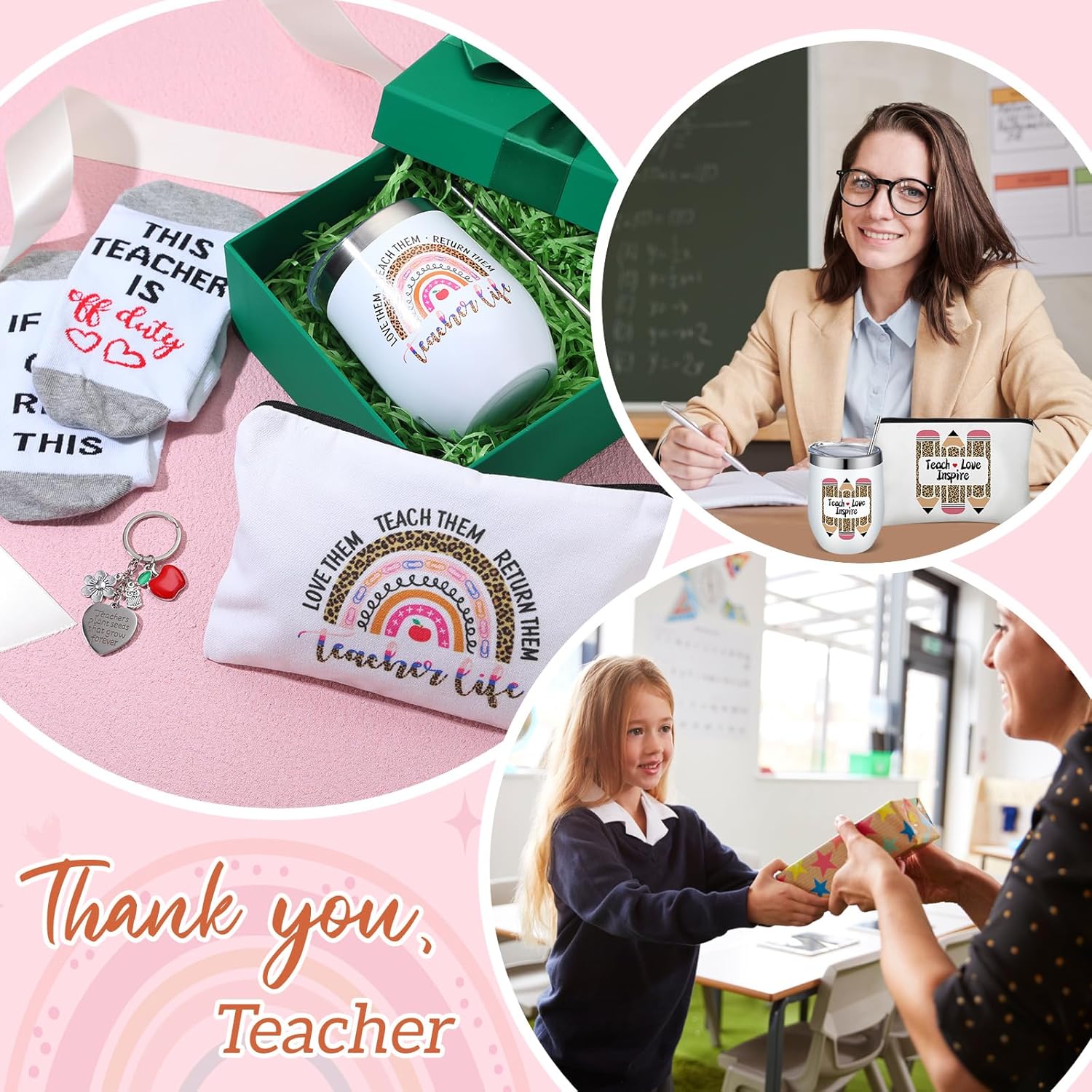 16 piezas de regalos de agradecimiento para profesores, regalos ideales para mujeres, vasos de 12 onzas, bolsas de maquillaje, divertidos llavero,