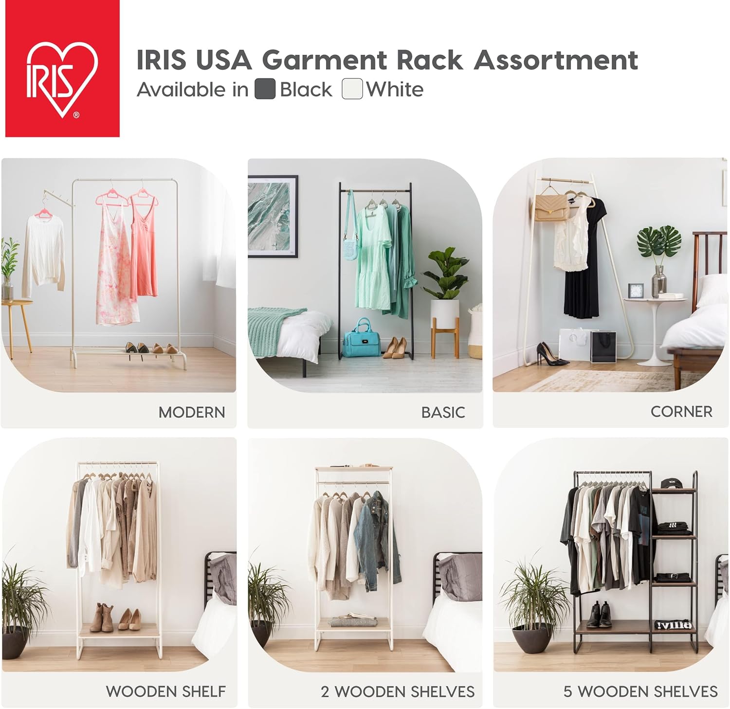 Iris USA Perchero esquinero para colgar ropa, fácil de montar, estante de metal independiente, almacenamiento en espacio pequeño, diseño moderno y