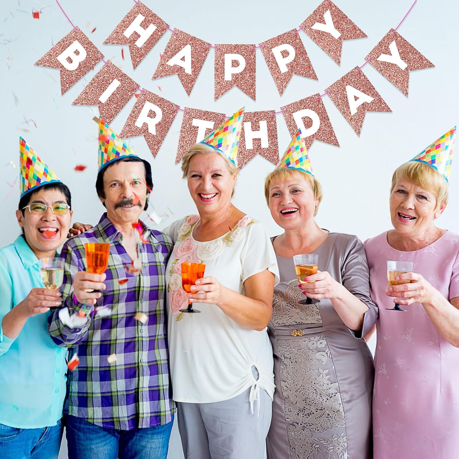 Cartel de feliz cumpleaños de oro rosa con purpurina para telón de fondo, decoraciones de cumpleaños de oro rosa, guirnalda de banderines para