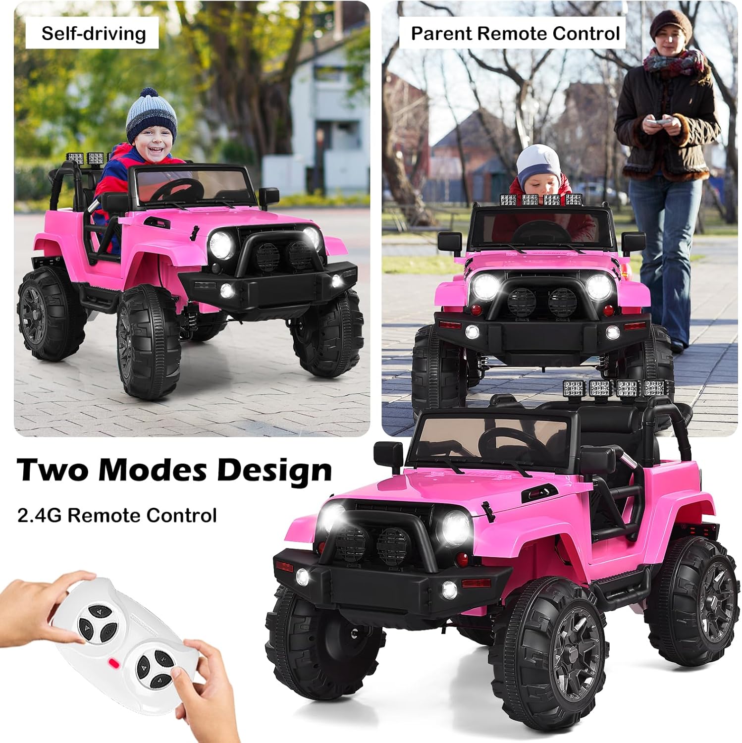 DORTALA Camión para montar, juguete eléctrico con batería de 12 V para niños con control remoto, música, luces LED, suspensión de resorte, auto de 4