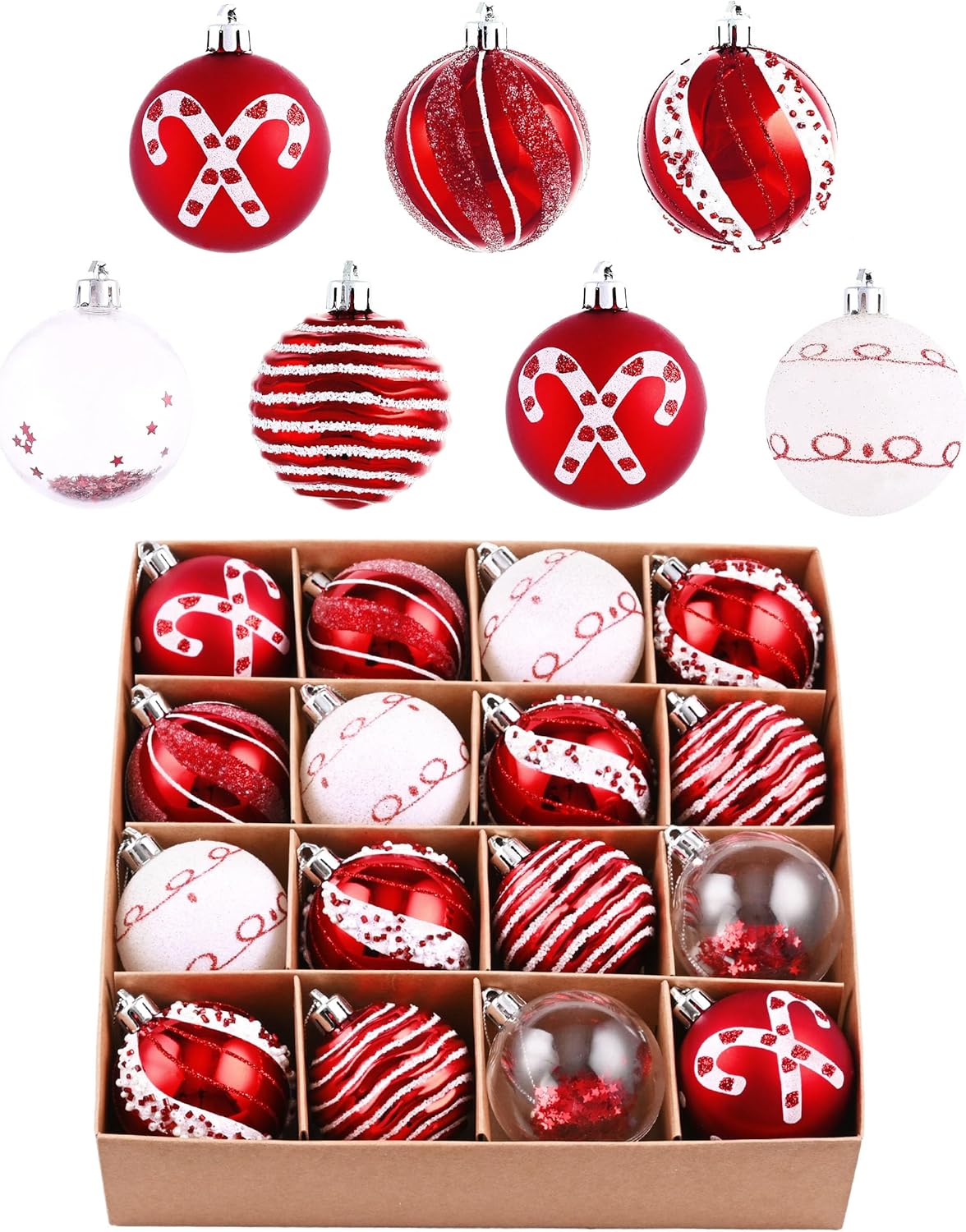 Valery Madelyn Juego de adornos de Navidad, juego de adornos de bolas de Navidad inastillables de 16 quilates, color rojo y blanco, 2.36 pulgadas,