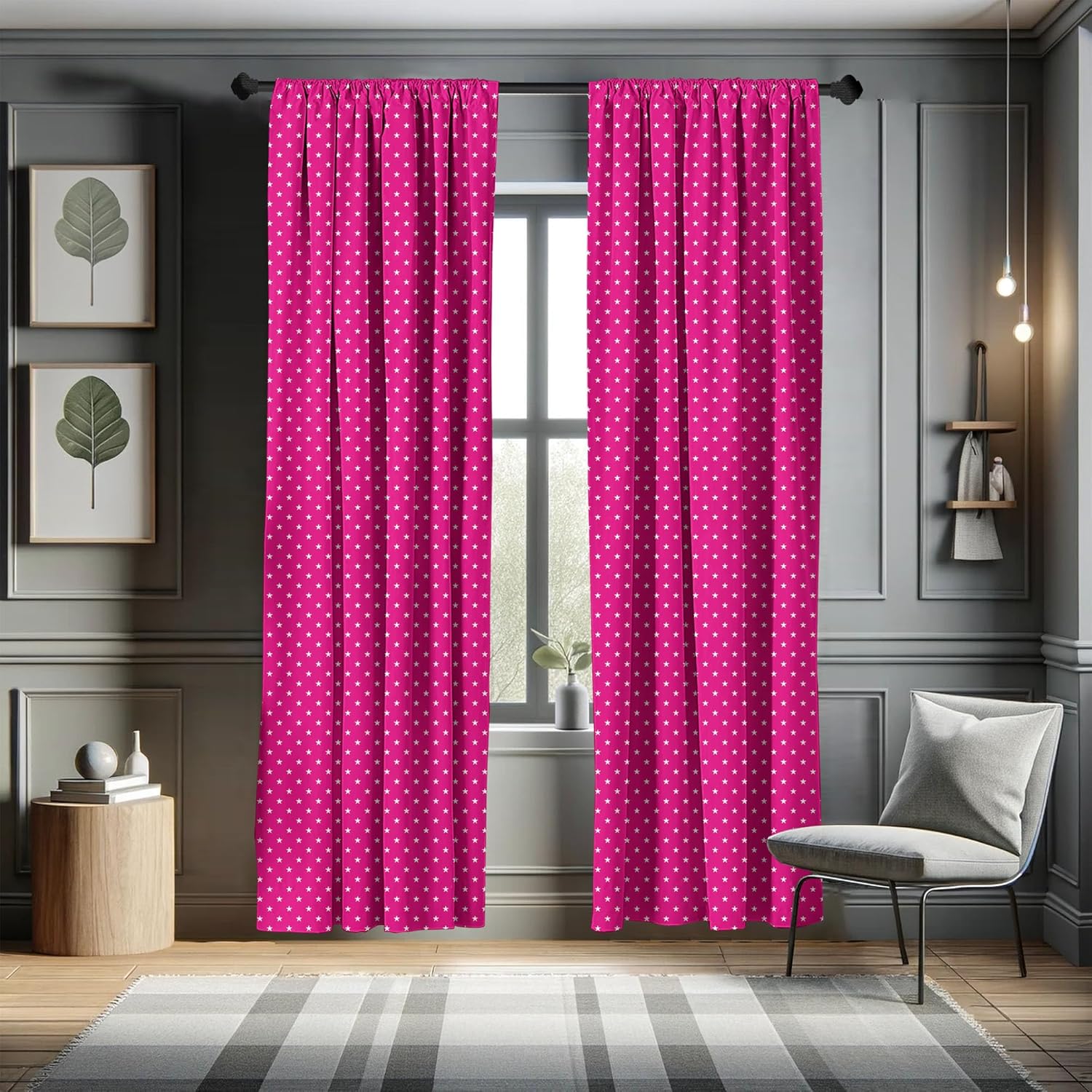 Ambesonne Cortinas de ventana color rosa intenso, patrón simétrico con estrellas blancas y diseño de niña, azulejos retro para fiesta, decoración