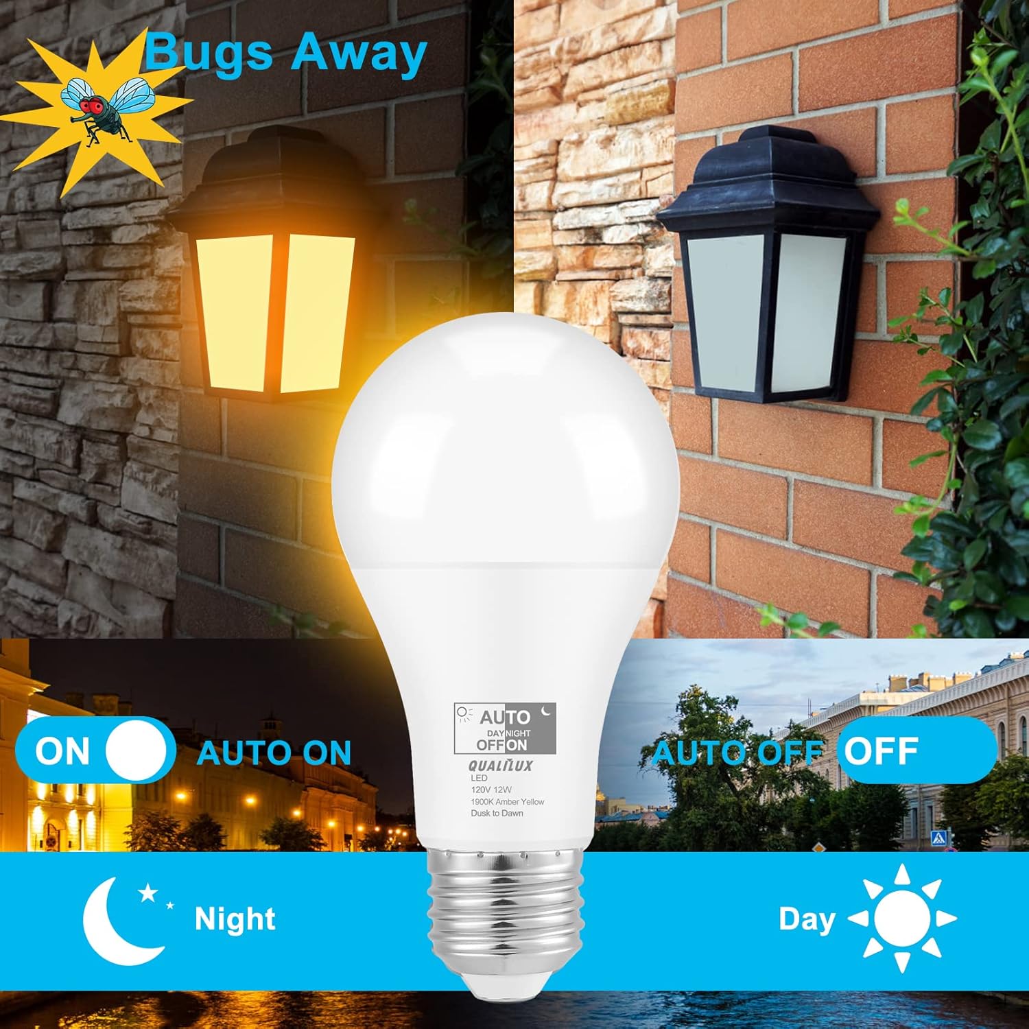 Bombillas de insectos para exteriores del atardecer al amanecer, amarillo ámbar de 1900 K, 800 lúmenes, LED de 12 W, A19 E26, paquete de 4, HQ-H020