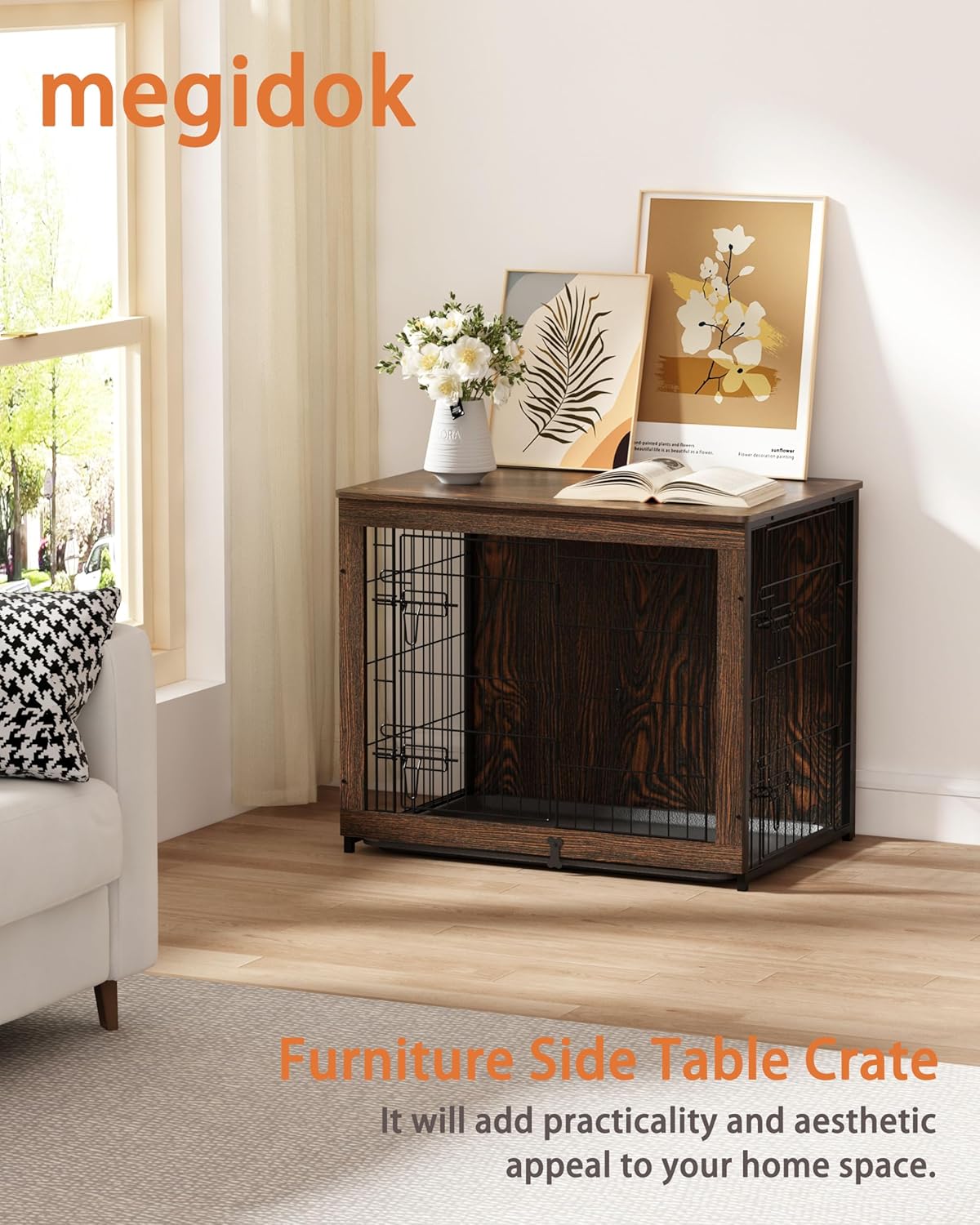 Mesa auxiliar de muebles de madera para perros, caja de doble puerta con bandeja deslizante, mesa auxiliar interior, fácil instalación, con Cubierta