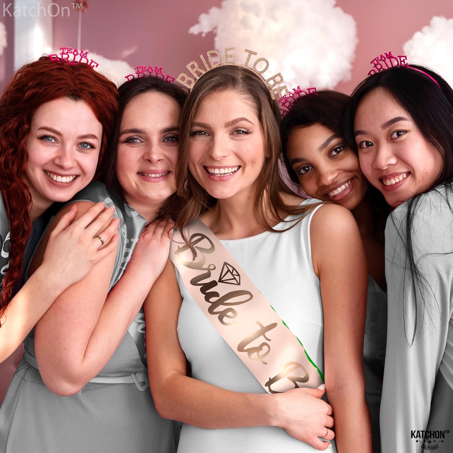 KatchOn, Banda y diadema de oro rosa para novia, paquete de 2, diadema de fiesta de novia para decoraciones de despedida de soltera, banda de