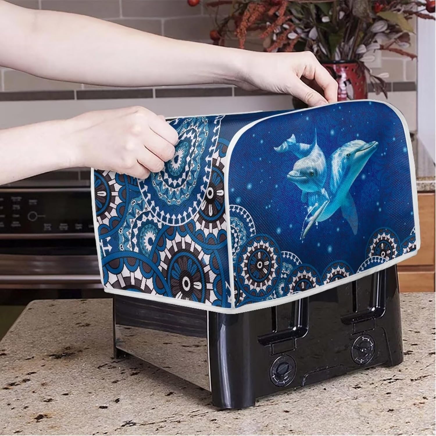 Aztec Blue Dolphins – Cubierta para tostadora de 4 rebanadas para mujer, estilo tribal polinesio, cubierta de electrodomésticos de cocina,