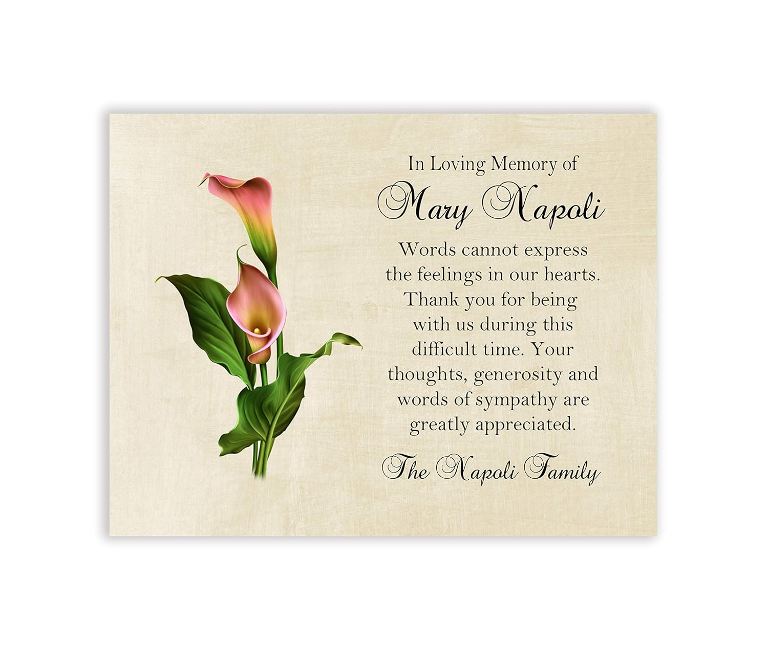 Sympathy Acknowledgement Cards, Calla Lily Funeral Thank You and Bereavement Notes Personalized
