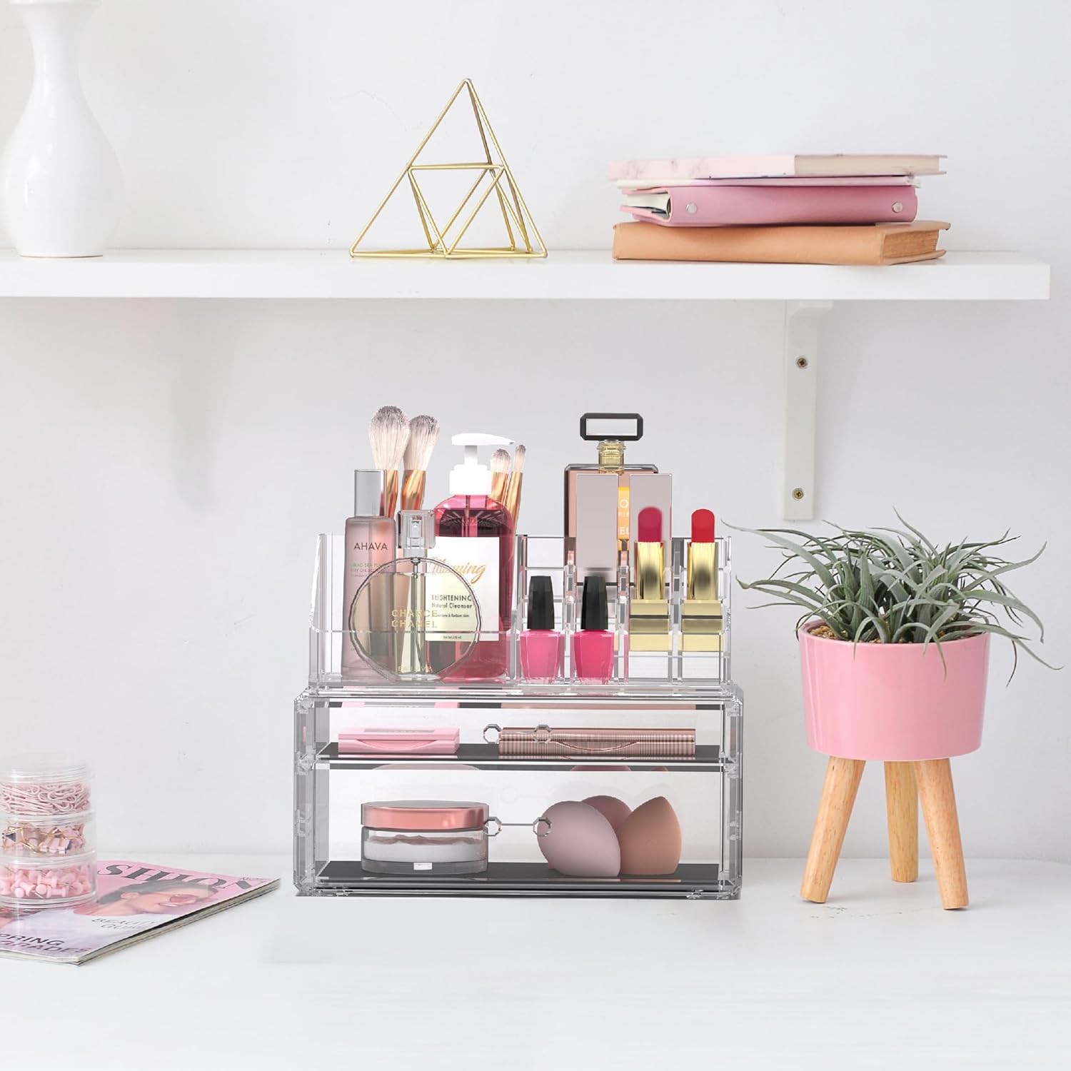 Harmon Wandyer Organizador de maquillaje acrílico transparente con 2 cajones y extraíble de los soportes superiores para lápiz labial, soporte de
