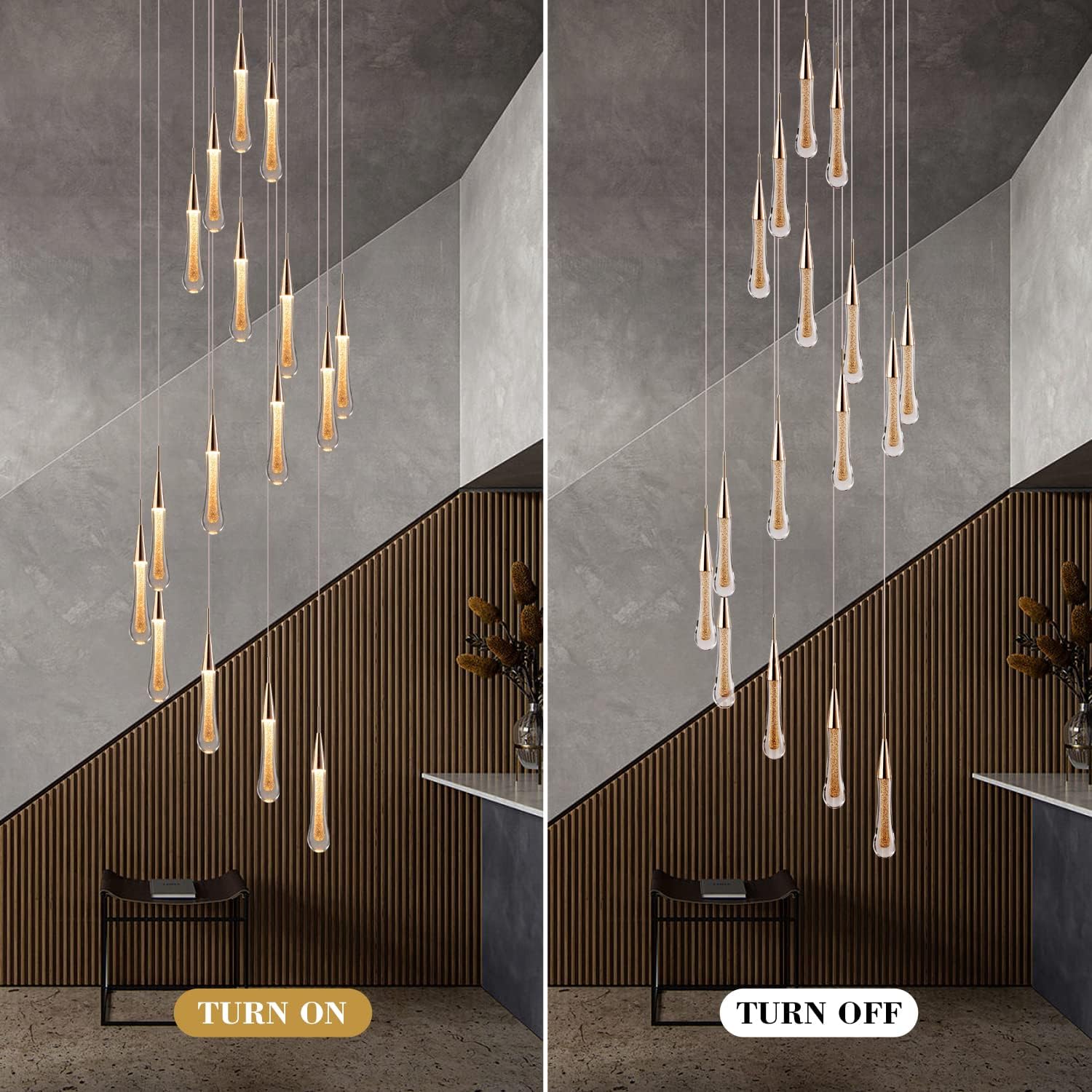 16-Light Gold Staircase Chandelier, Adjustable 128″ High Ceilings Light Fixture Crystal Raindrop Glass Large Long LED Chandeliers for Entryway