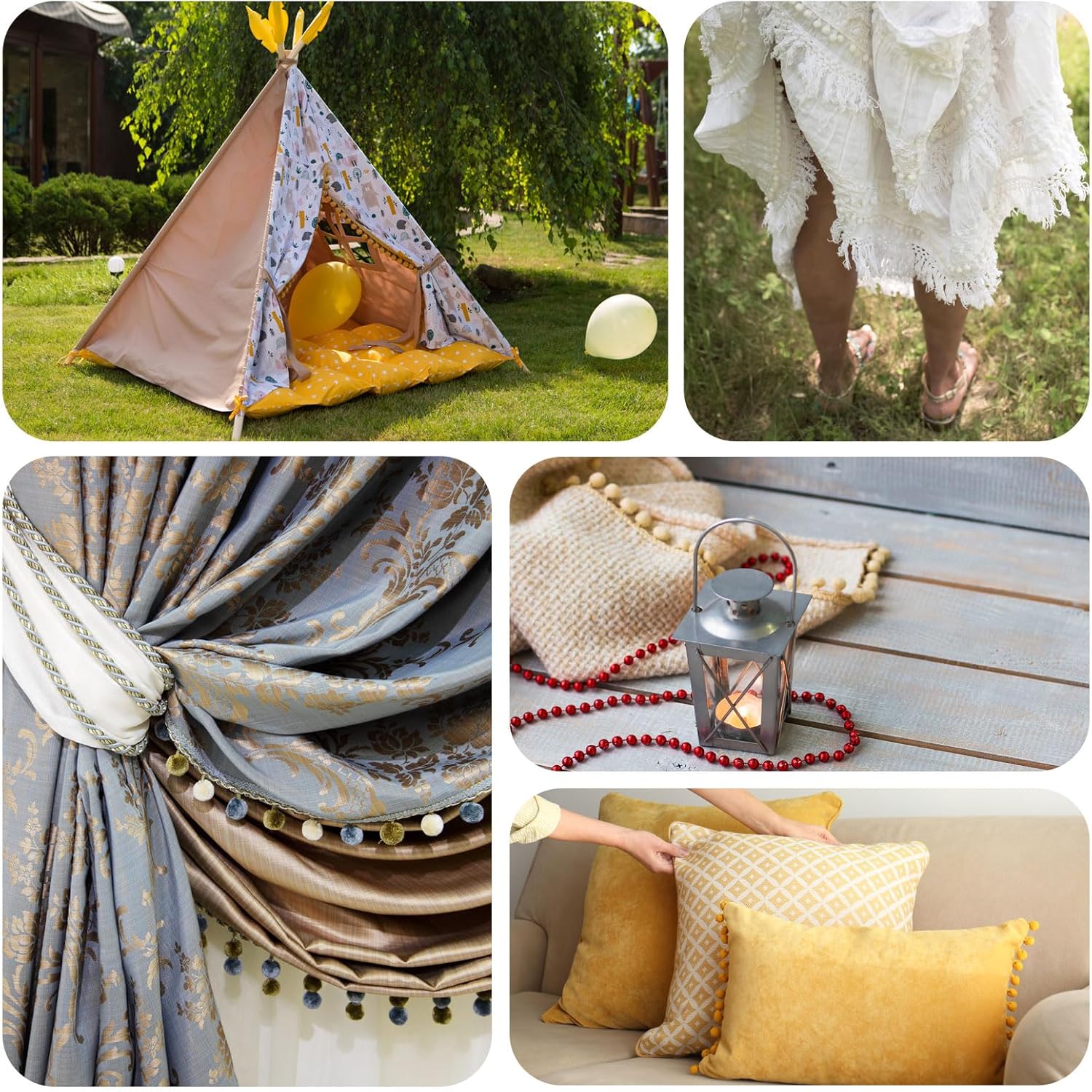 uxcell 5 yardas con flecos de pompón, accesorio de costura de cinta para manualidades, para el hogar, cortina, ropa, almohada, decoración, tipo de