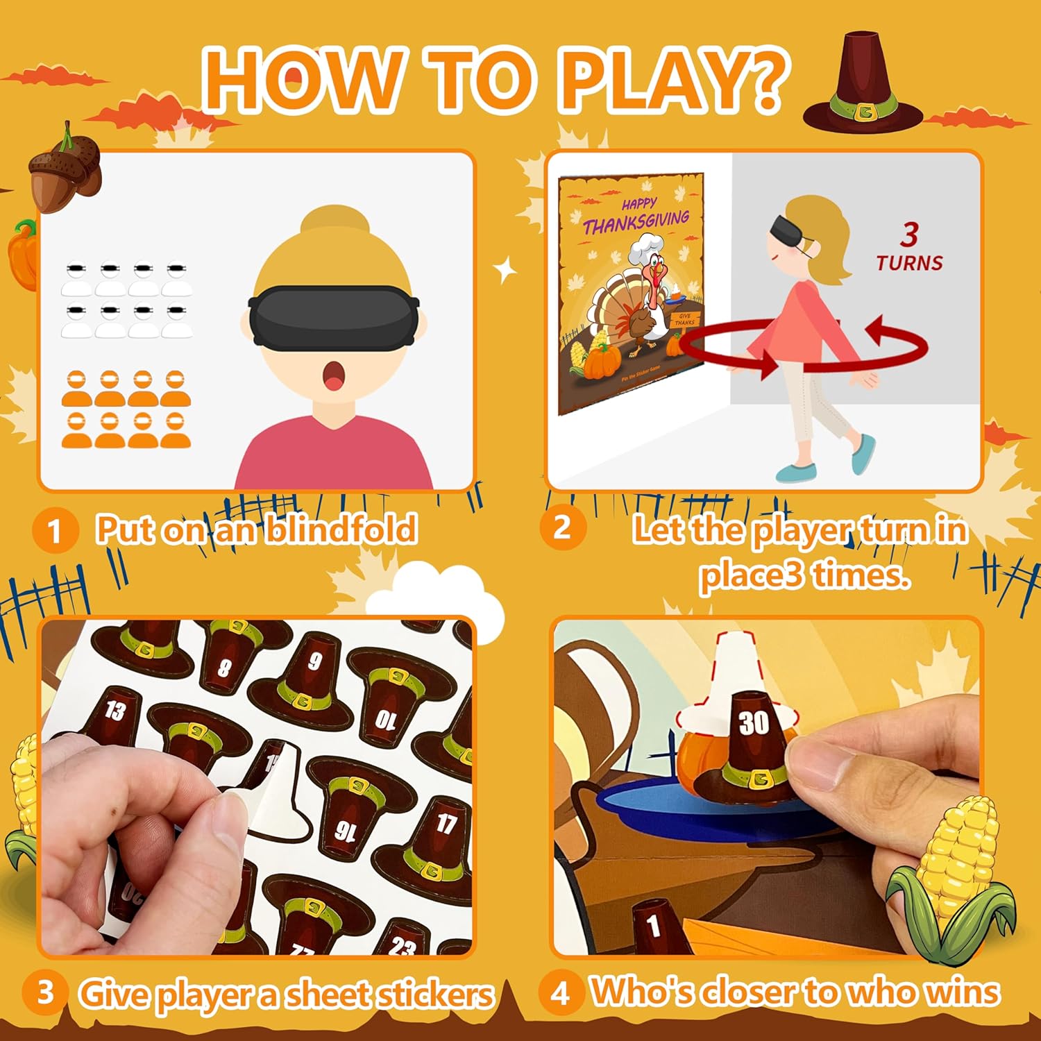 Juegos de Acción de Gracias para niños familiares, Pin The Tail on the Turkey Stickers Juegos para niños, actividades de decoración de fiesta de