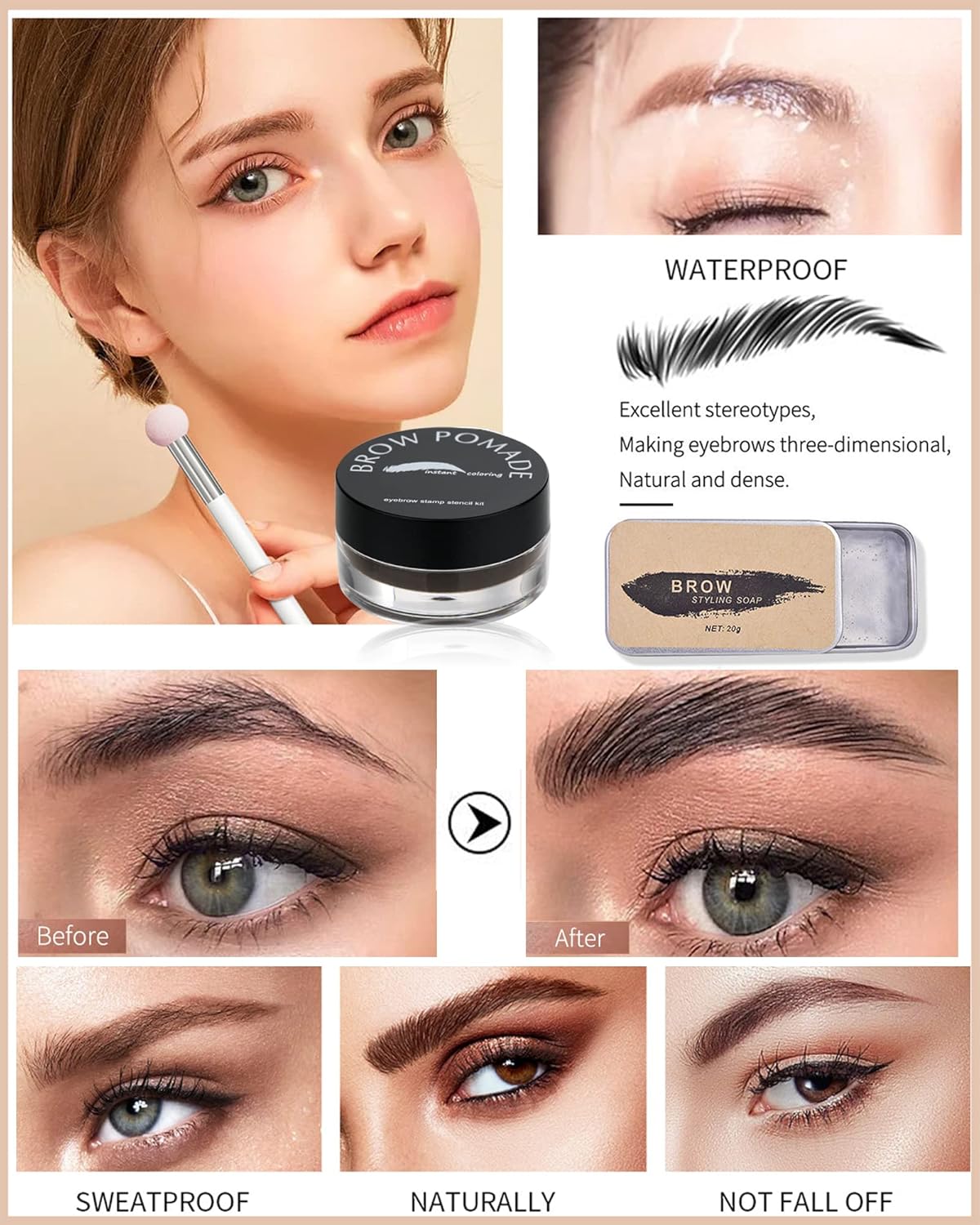 Kit de sellos de cejas y plantillas para cejas, 16 en 1, impermeable, para sellar cejas, pegamento de cera con herramienta para cejas, relleno de