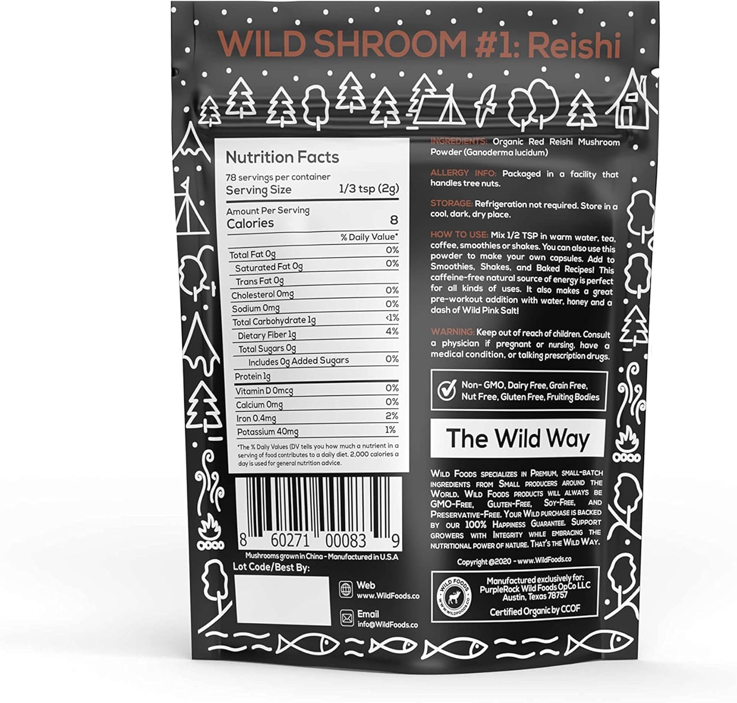 Wild Foods – Extracto de hongos Reishi 101 superalimento en polvo  Solo cuerpos fructíferos  Hierba adaptogénica para el sistema inmunológico, ayuda