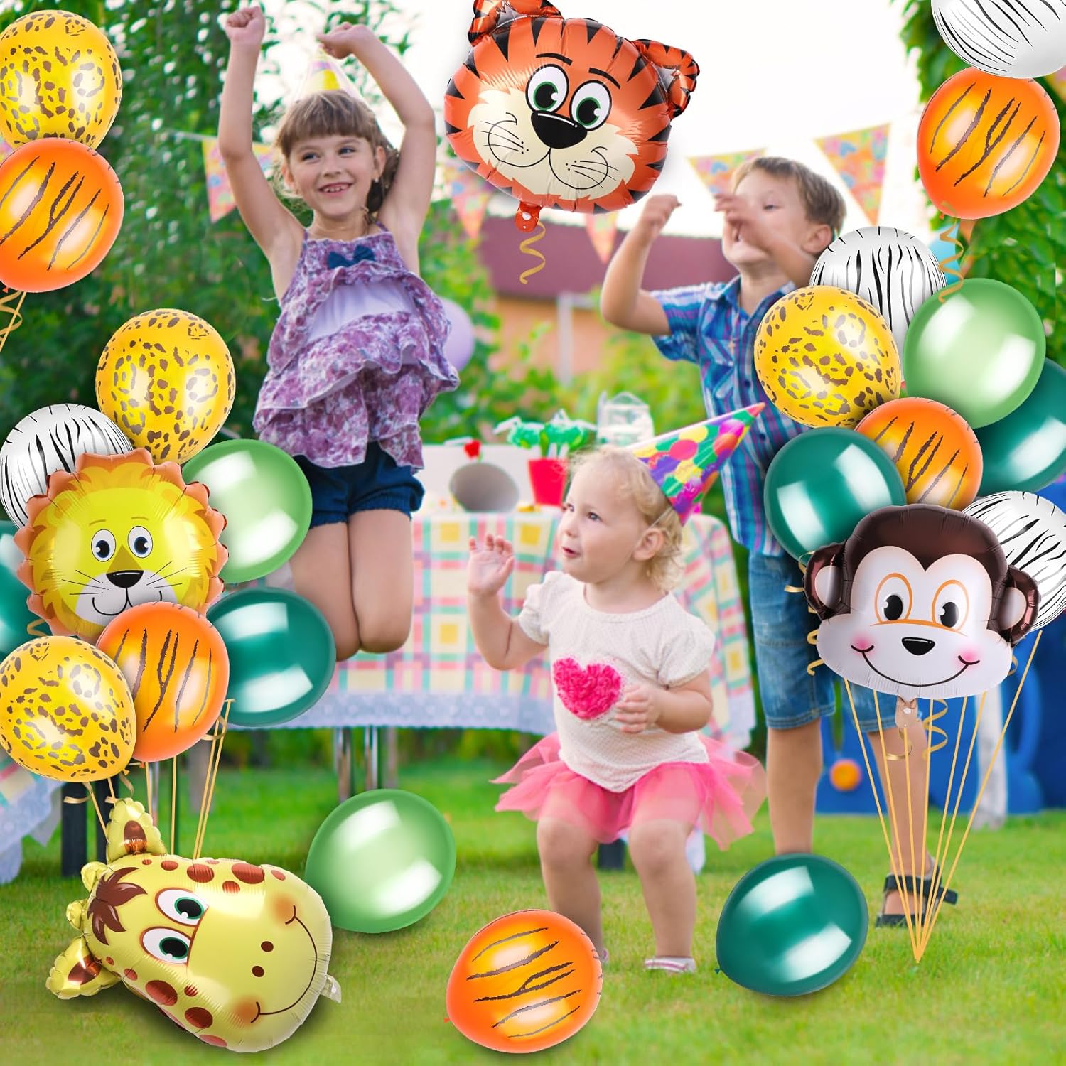 30 piezas de decoraciones de fiesta de cumpleaños de safari de la selva, paquete de 6 globos gigantes de animales de safari, 24 globos con estampado