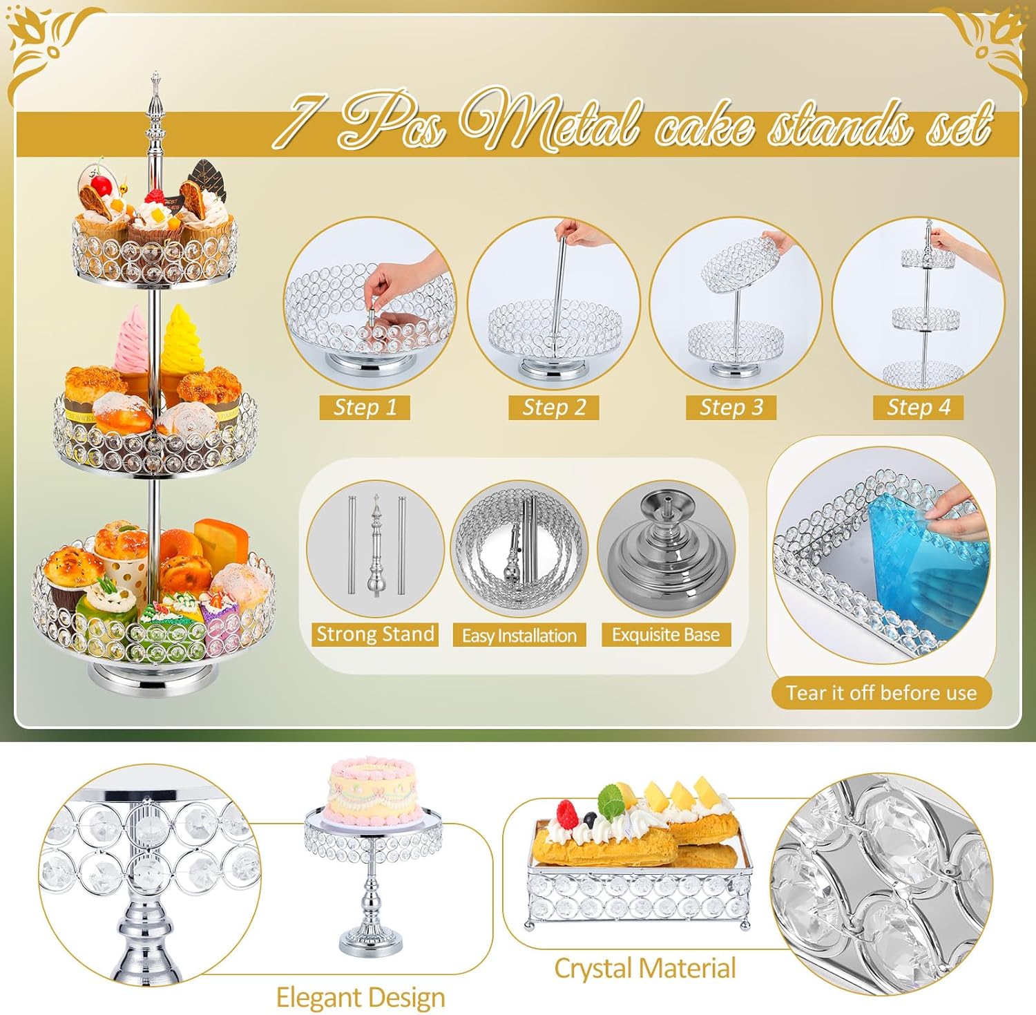Tioncy Juego de 7 soportes para tartas con espejo de cuentas de cristal, soportes de mesa de postres de metal para mesa de postres y cupcakes para