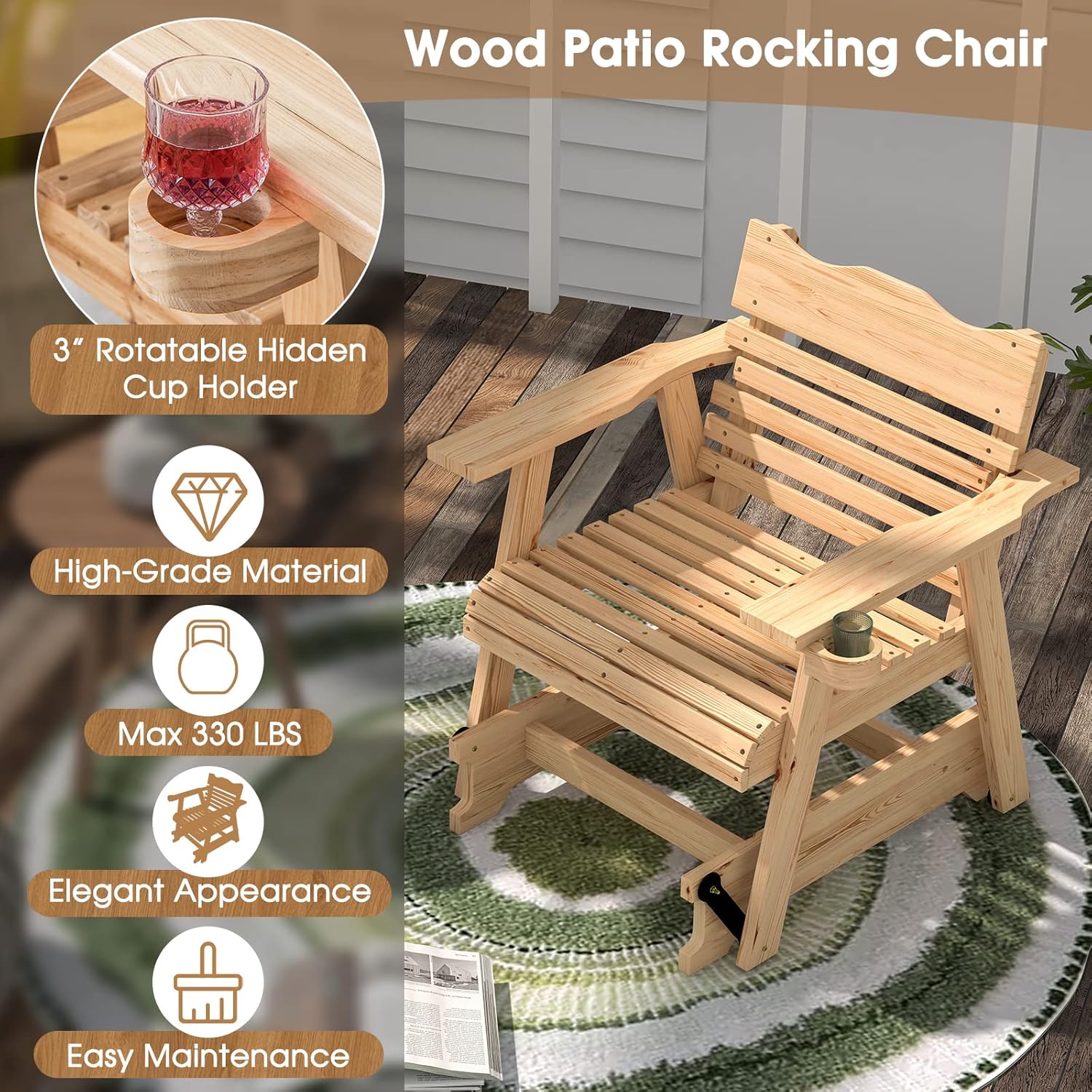 HAPPYGRILL Mecedora de madera para patio al aire libre con soporte oculto para tazas, balancín ergonómico de madera de abeto para porche delantero,