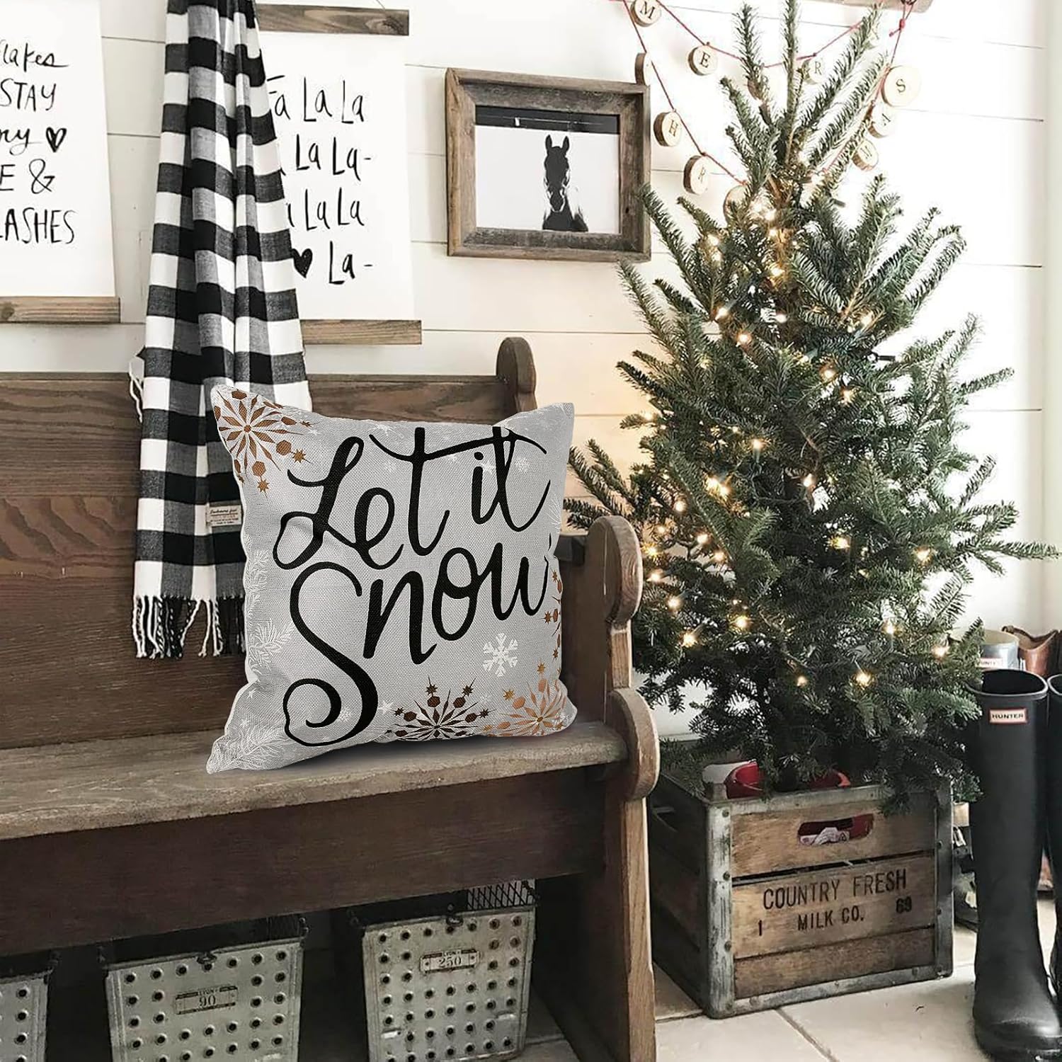 Juego de 4 fundas de almohada de Navidad de 18 x 18 pulgadas, diseño de copos de nieve, gnomos de árbol de Navidad, rústico, para invierno,