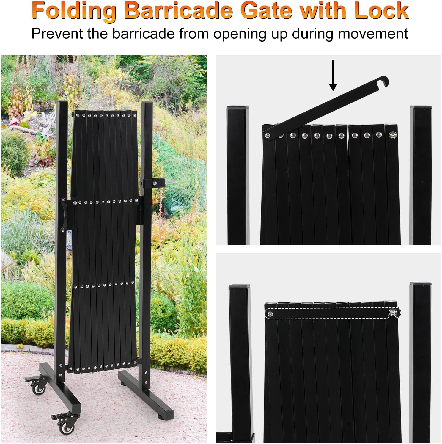SMONTER Puerta de barricada expandible, puerta de barrera de seguridad de metal de 129 pulgadas con ruedas, valla de acordeón para jardín, patio,