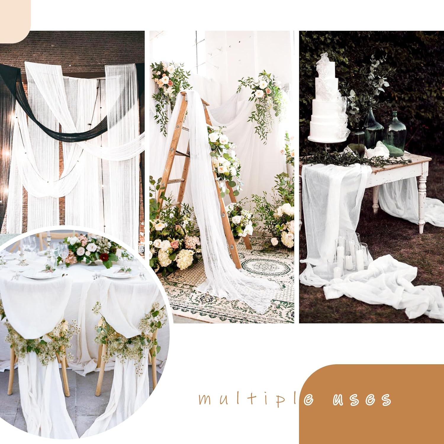 Tela de gasa para arco de boda, 4 paneles de 20 pies, cortina de tela de gasa blanca para boda, ceremonia, arco, escenario, fiesta, decoración de