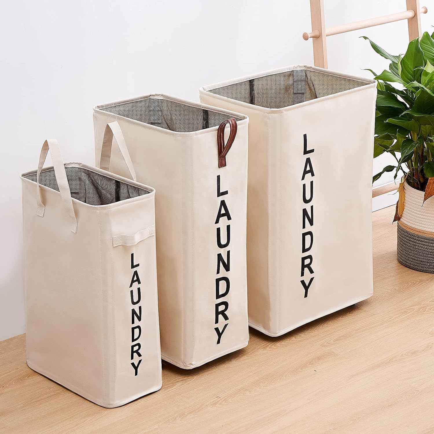 Cesta de lavandería grande de 92 litros con mango de cuero, cesta de lavandería estable con ruedas, canasta grande, cesta de lavandería con ruedas,