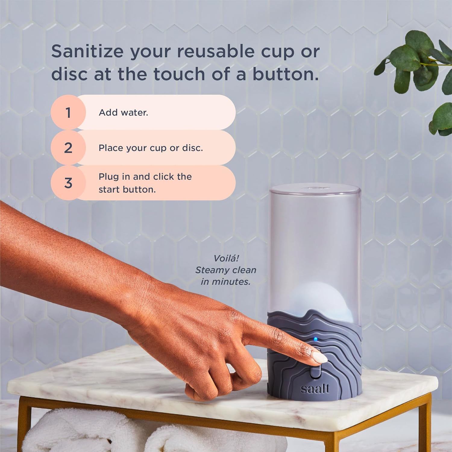 Saalt Vapor – Limpia con vapor tu copa menstrual o disco menstrual – Diseñado a medida por expertos – Temporización automática, interruptor de