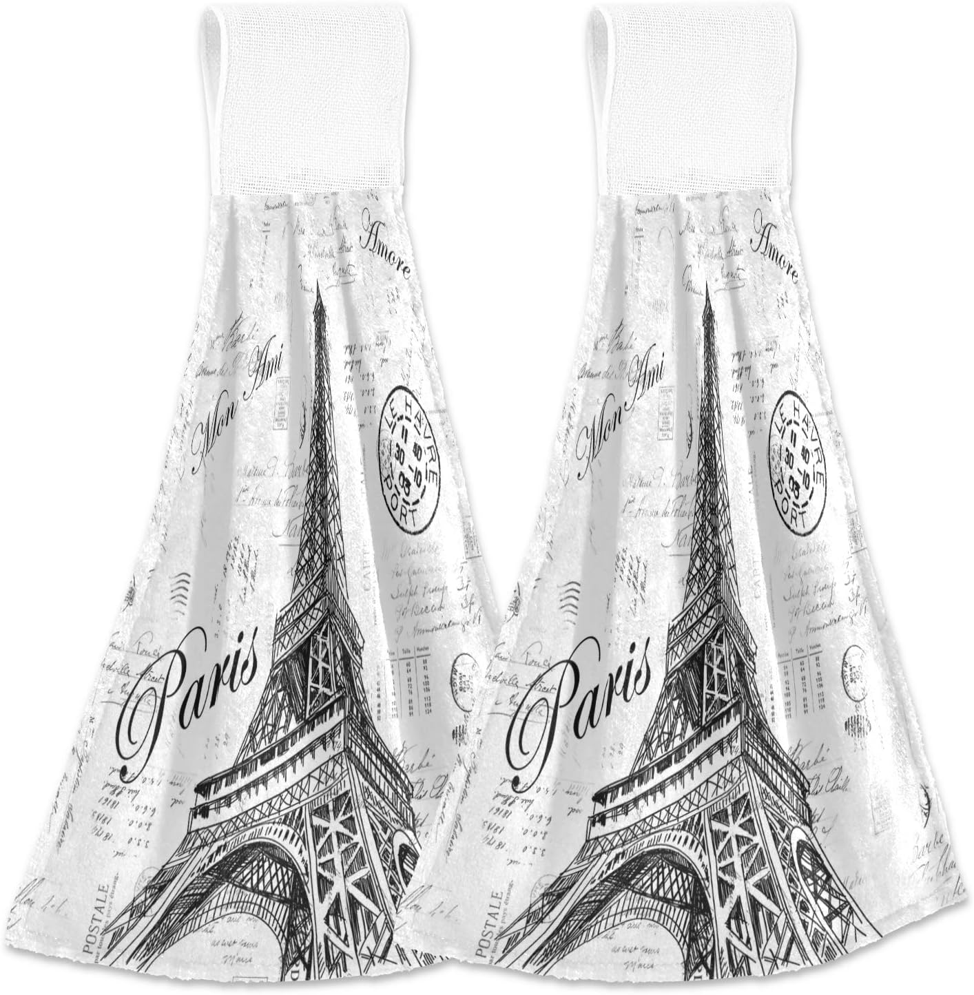 Nander Paris – Juego de 2 toallas absorbentes de algodón para cocina, diseño de torre Eiffel, para baño, lavandería, toalla para colgar, lavable a