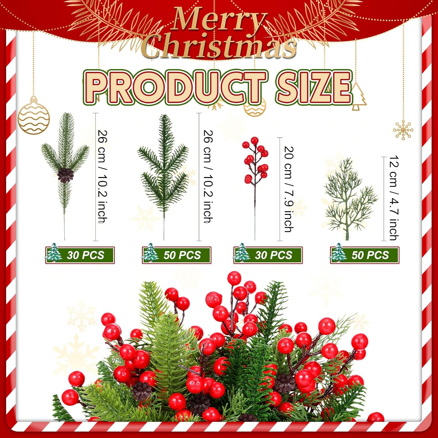 Ceenna 160 agujas de pino artificiales de Navidad, ramas, conos de pino verde y tallos de bayas rojas artificiales, a granel, ramas de árbol falsas