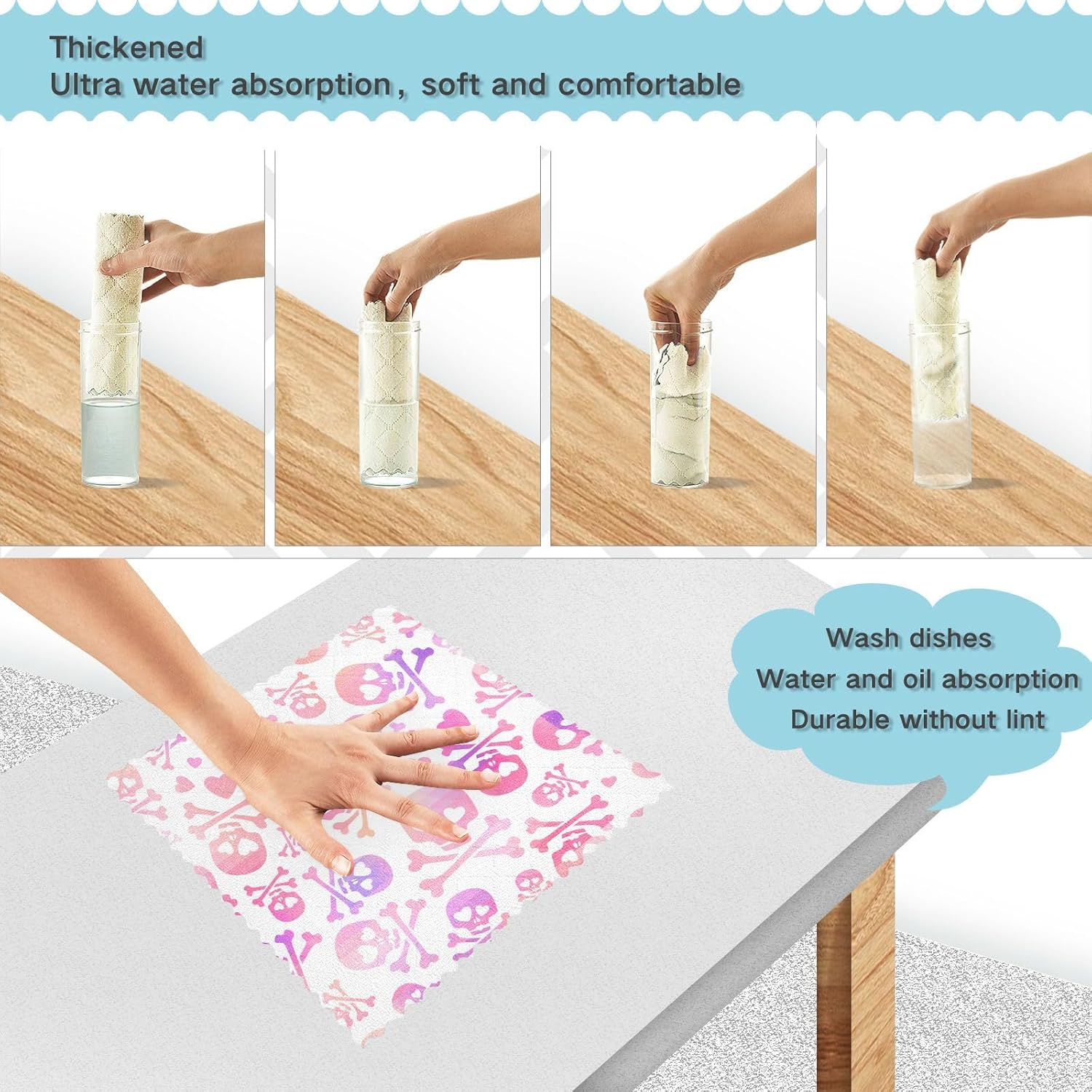 Funny Skulls Love Pink Purple 6 Pack Absorbent Microfiber Towels Kitchen Decor Quality Kitchen Tea Towels for Countertop Oven
