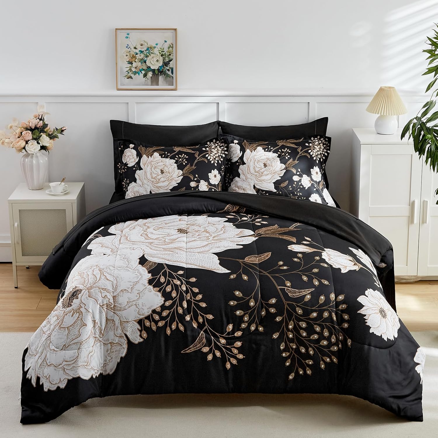 Juego de sábanas de edredón de flores negras, ropa de cama floral en una bolsa, 7 piezas tamaño Queen, juego de ropa de cama de verano de microfibra