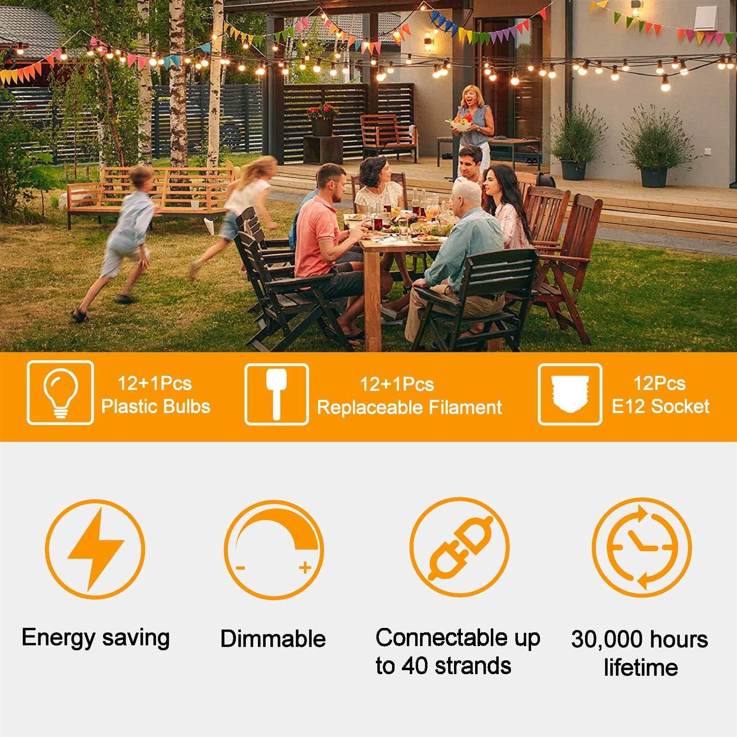 ZOTOYI Tira de luces para exteriores de 25 pies, impermeable, IP65, con 13 bombillas LED ST38 inastillables (1 repuesto), luces colgantes exteriores