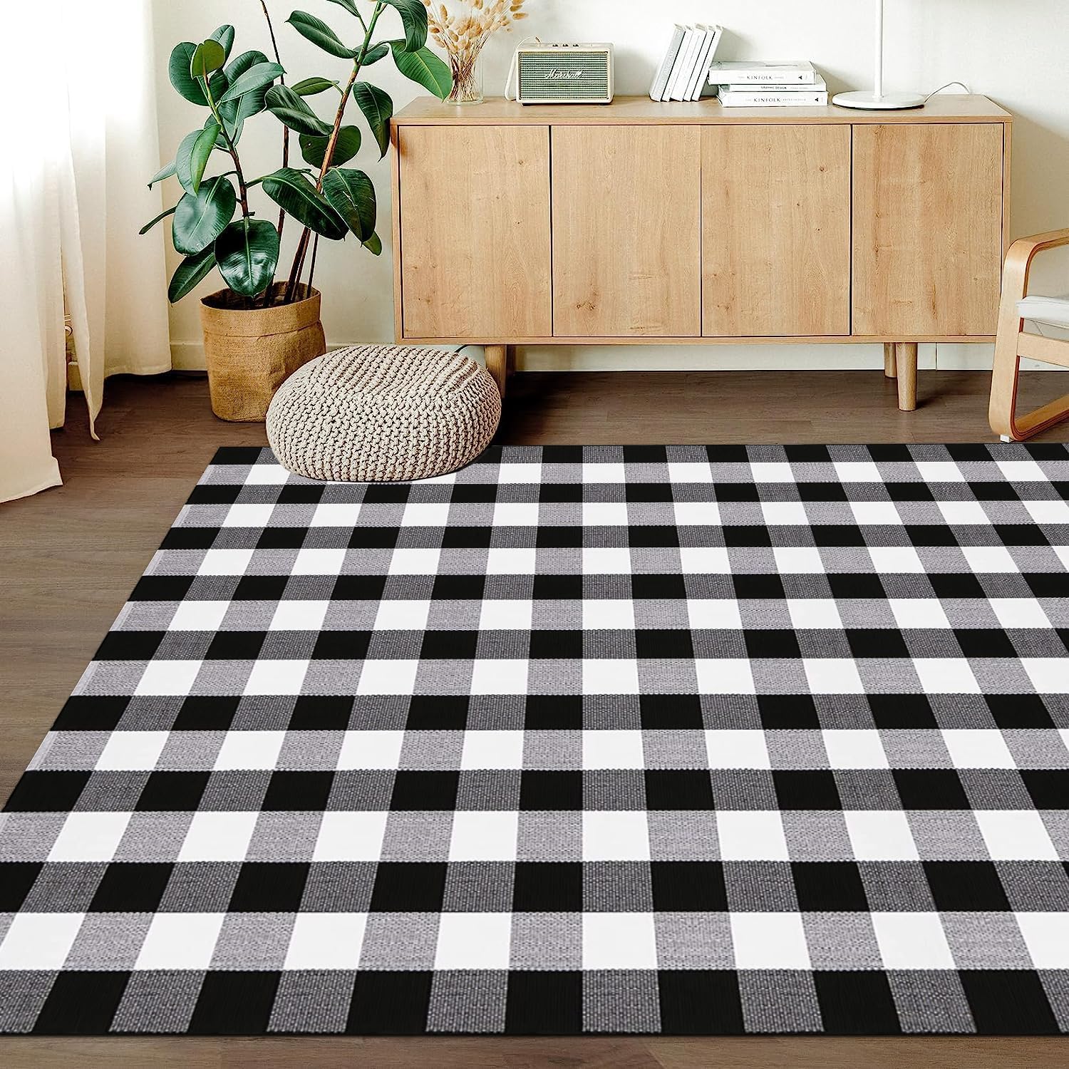 LHLJOYU Buffalo – Alfombra de algodón tejida a mano con diseño de cuadros, color blanco y negro, 5.5 x 7.5 pies, alfombra lavable para exteriores,