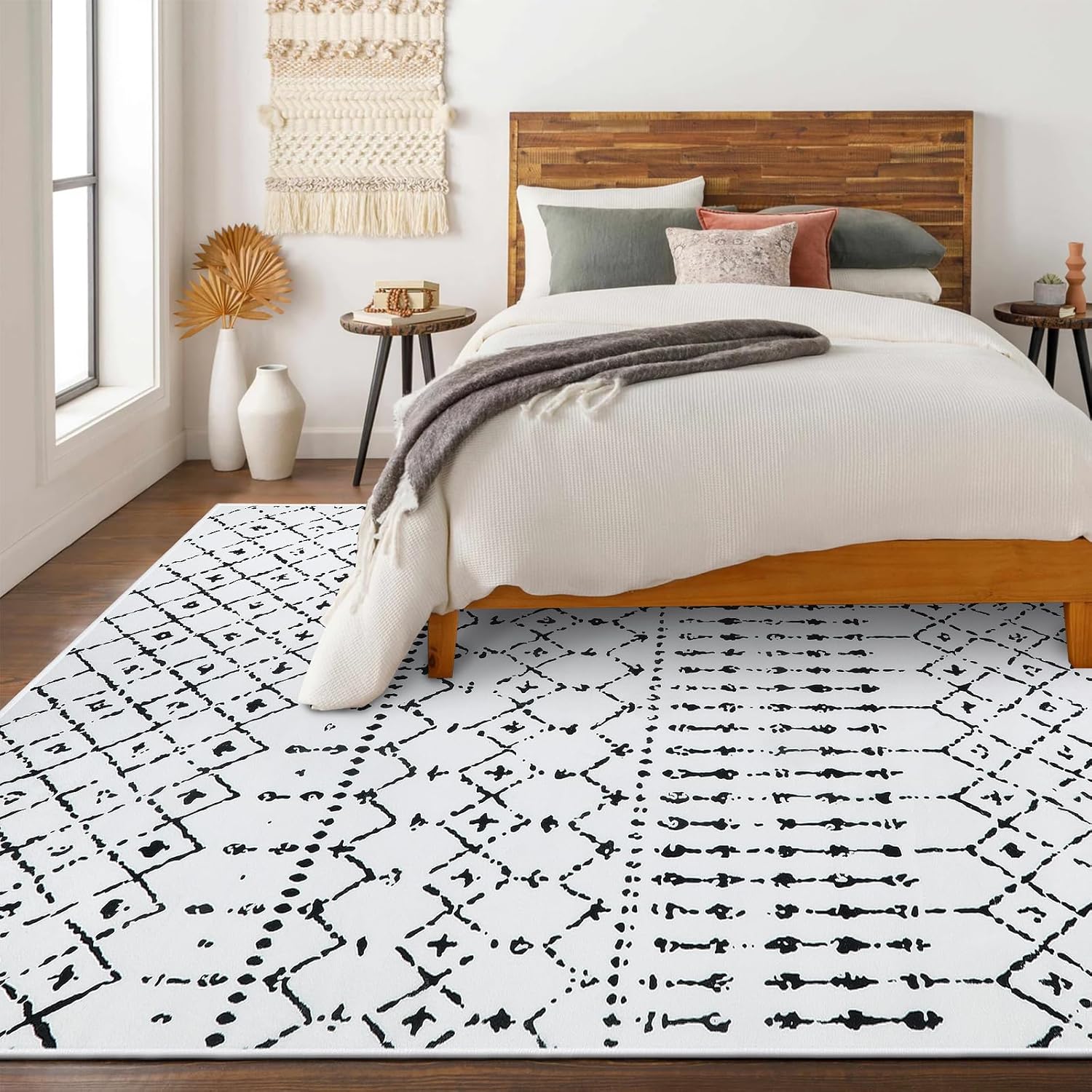 LIVEBOX Alfombra de área blanca y negra de 8 x 10 pies para sala de estar, alfombra bohemia lavable fina marroquí para dormitorio, alfombra