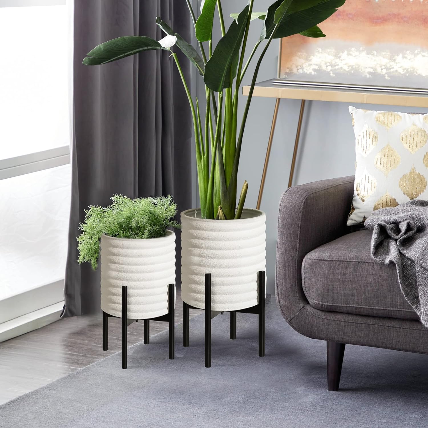 Oakrain Macetas de mediados de siglo para plantas de interior, juego de 2, macetas decorativas modernas de metal para sala de estar, oficina, jardín