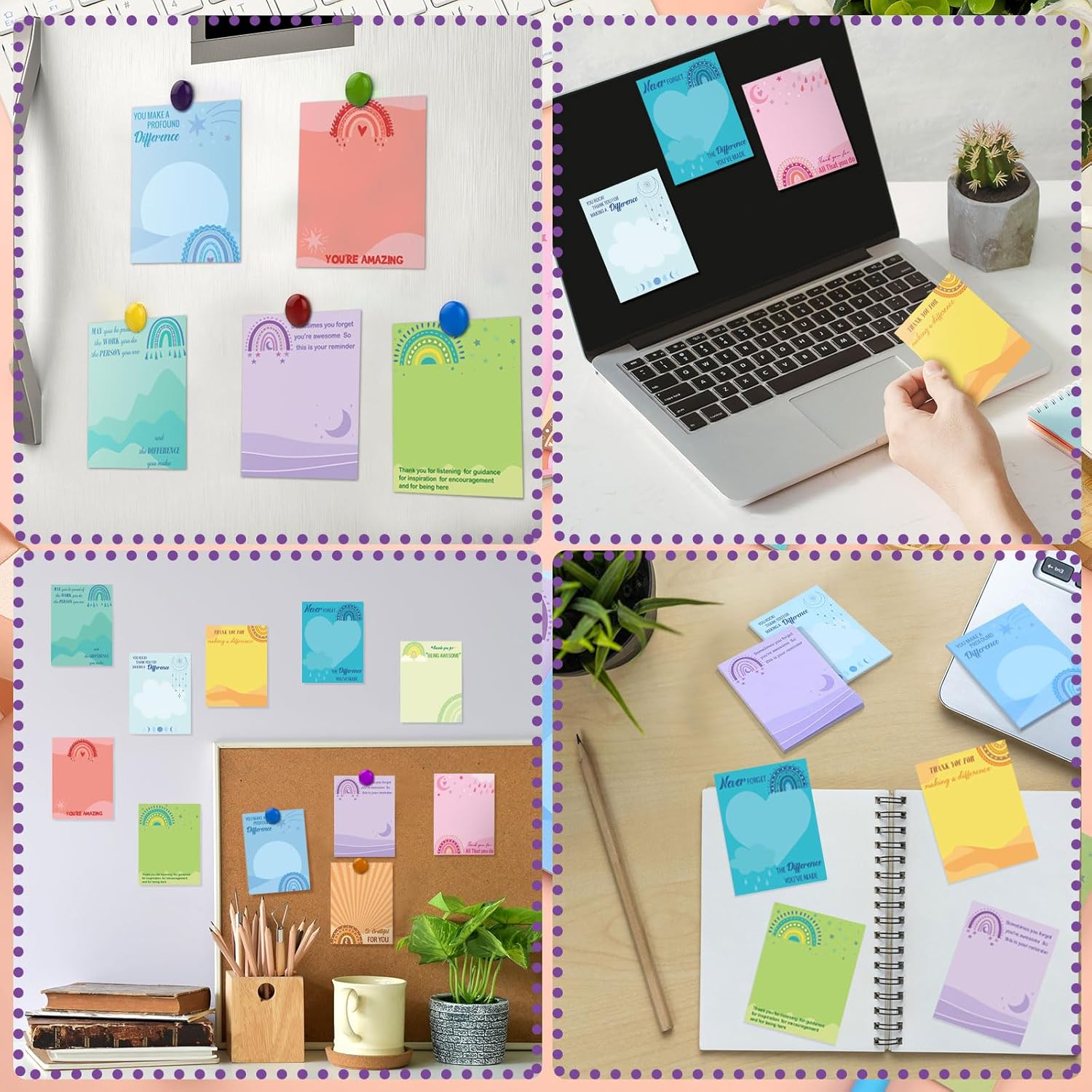 Teling 24 notas adhesivas inspiradoras de 3 x 4 pulgadas, notas adhesivas de agradecimiento del arco iris, notas adhesivas motivacionales, notas