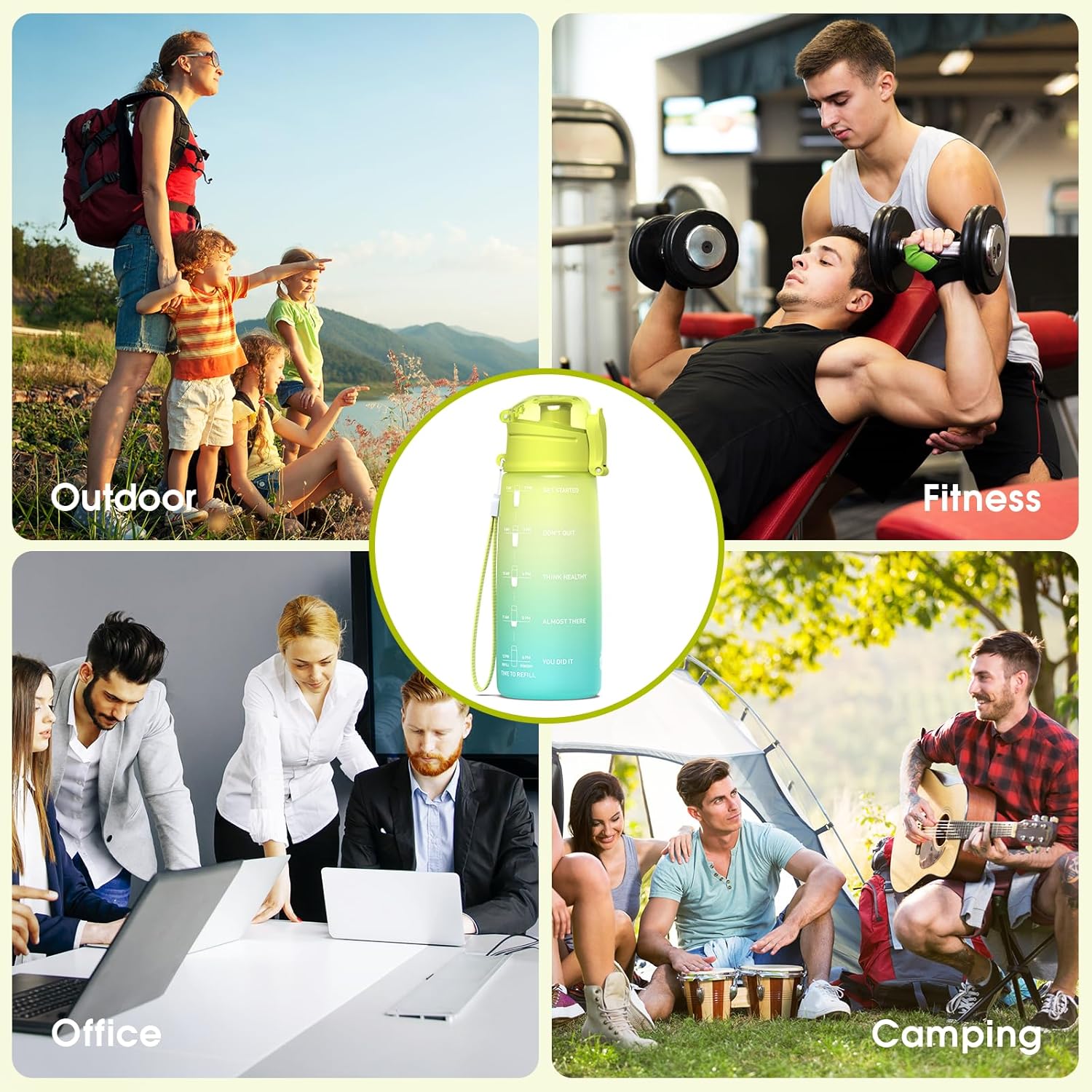 Y&3 Botella de agua deportiva motivacional de 32 onzas y 24 onzas con marcador de tiempo, plástico Tritan libre de BPA, tapa abatible a prueba de