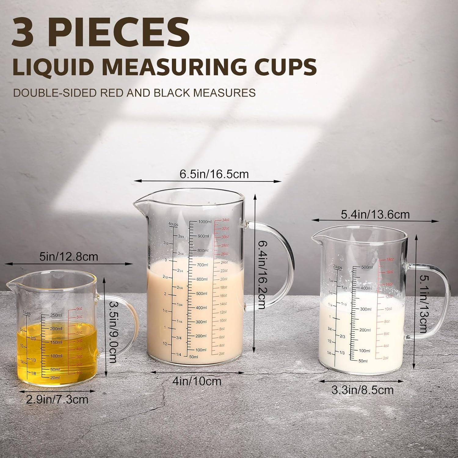Lallisa Paquete de 3 tazas medidoras de vidrio con asa y boquilla en forma de V, vaso de vidrio de borosilicato alto con 3 escalas (Oz, taza, Ml)