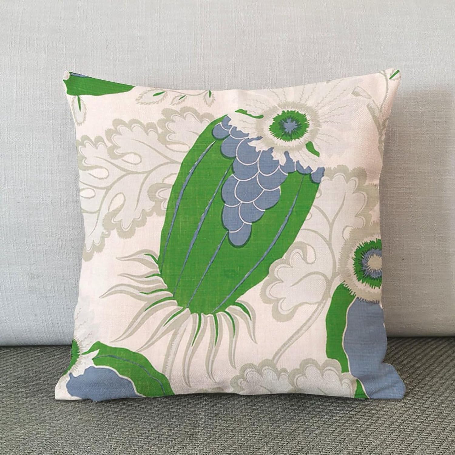Funda de almohada estilo chinoiserie verde, floral, azul, marfil, funda de almohada europea verde, funda de cojín asiática, 20 x 20 pulgadas, funda