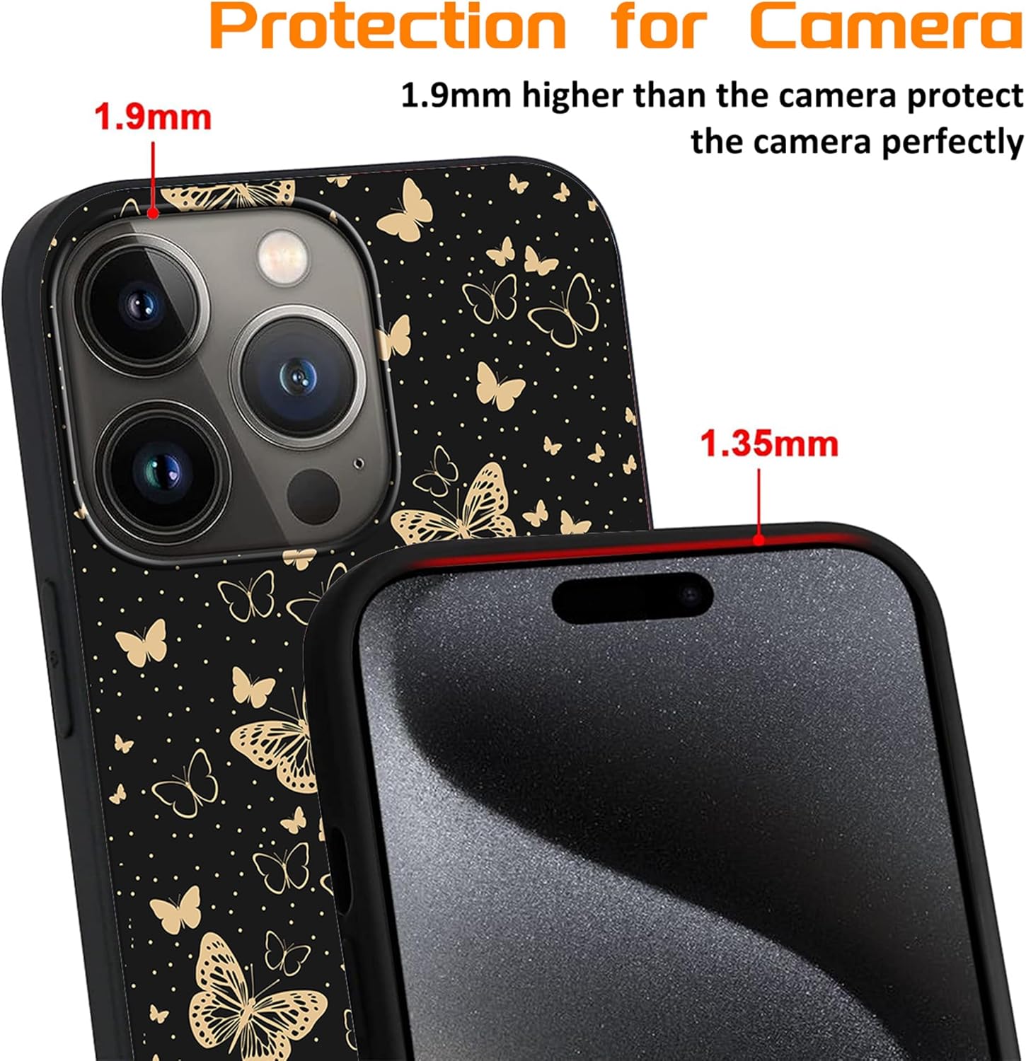 Funda diseñada para iPhone 15 Pro Max con patrón de mariposas doradas para hombres, mujeres, niños y niñas, TPU suave, cuerpo completo, a prueba de