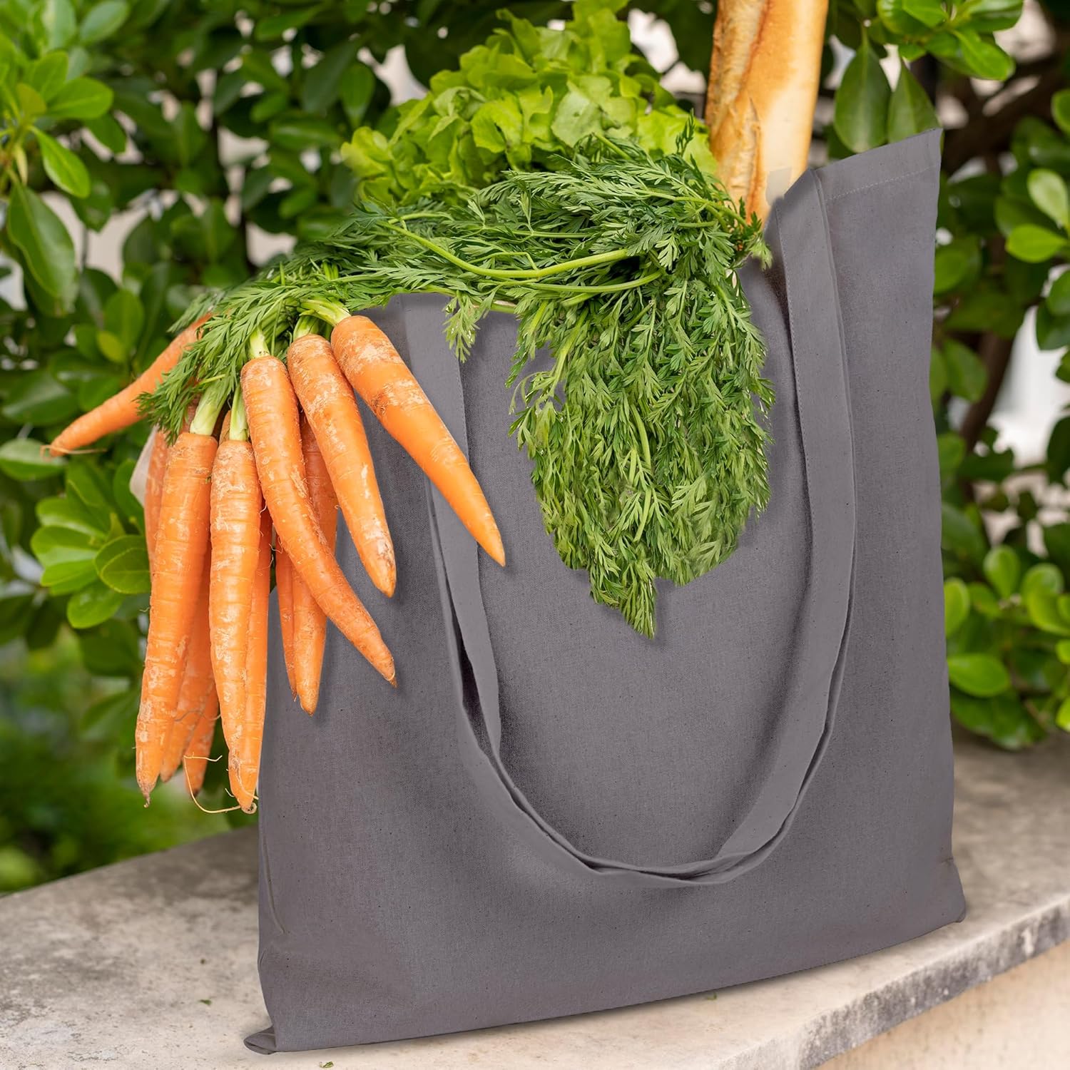 Urban Villa Paquete de 72 bolsas de comestibles reutilizables de 15 x 16 pulgadas con mango largo de 27 pulgadas, color gris, 100% algodón, bolsas