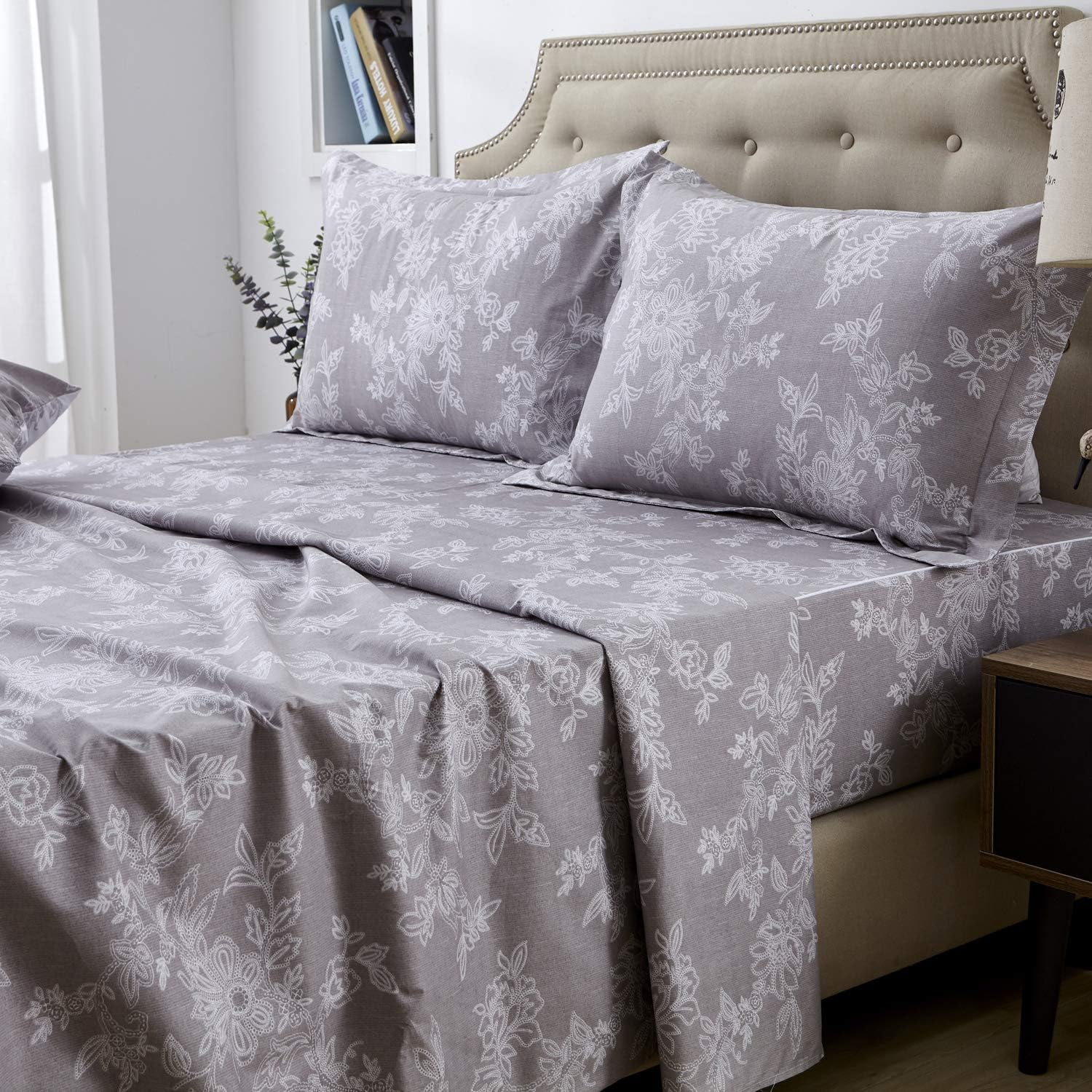 FADFAY Juego de sábanas King Farmhouse Bedding Shabby Floral Vintage Gray Ropa de cama 100% algodón súper suave, hipoalergénica, gris y blanco,