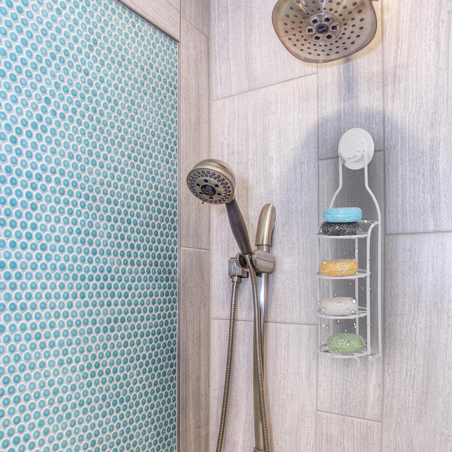 Jabonera para pared de ducha, jabonera de 4 niveles, barra de acero inoxidable, ducha, baño, autodrenante, resistente al óxido, potente sin taladrar